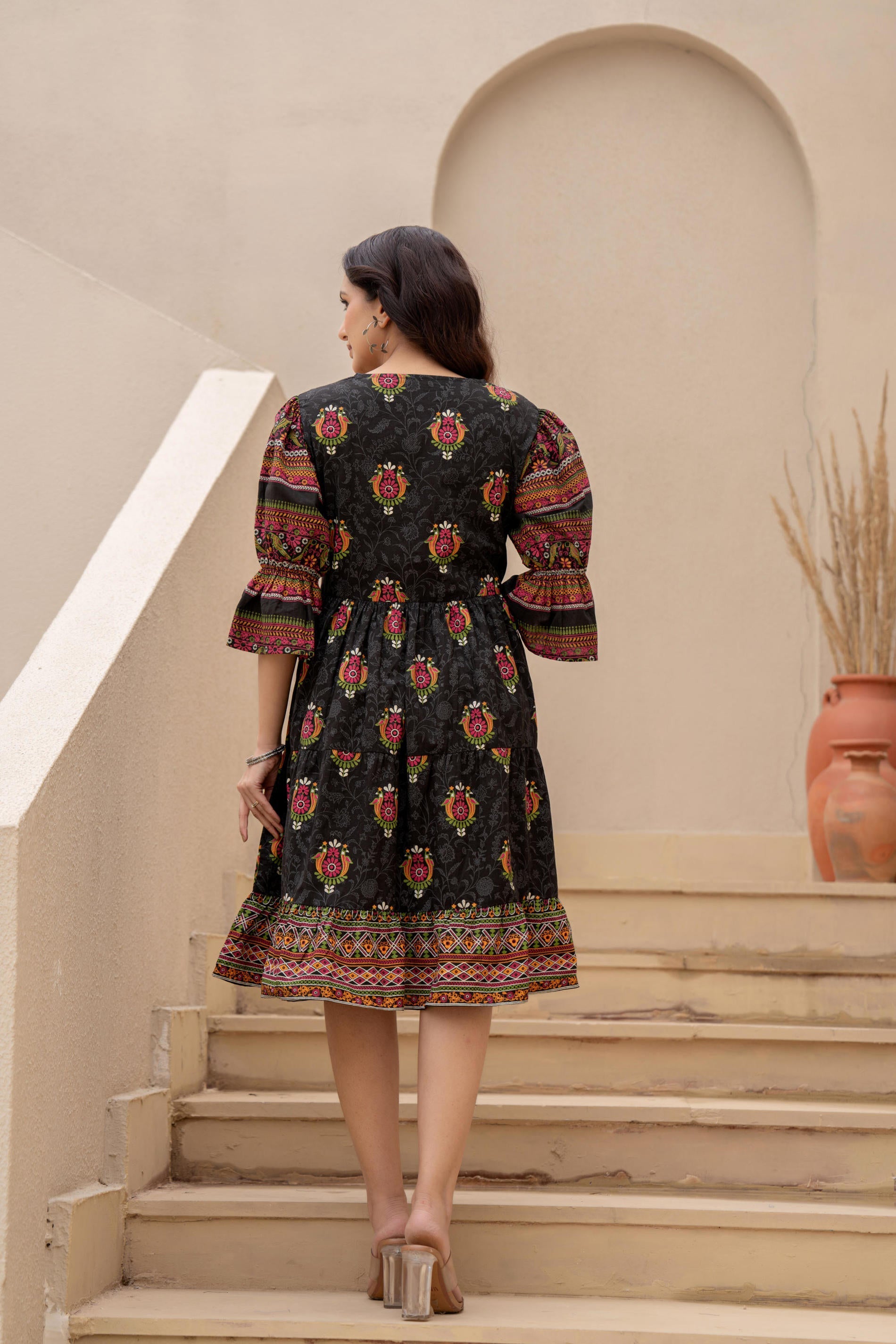 Juniper Black Printed Fit & Flare Dress with Tribal Border