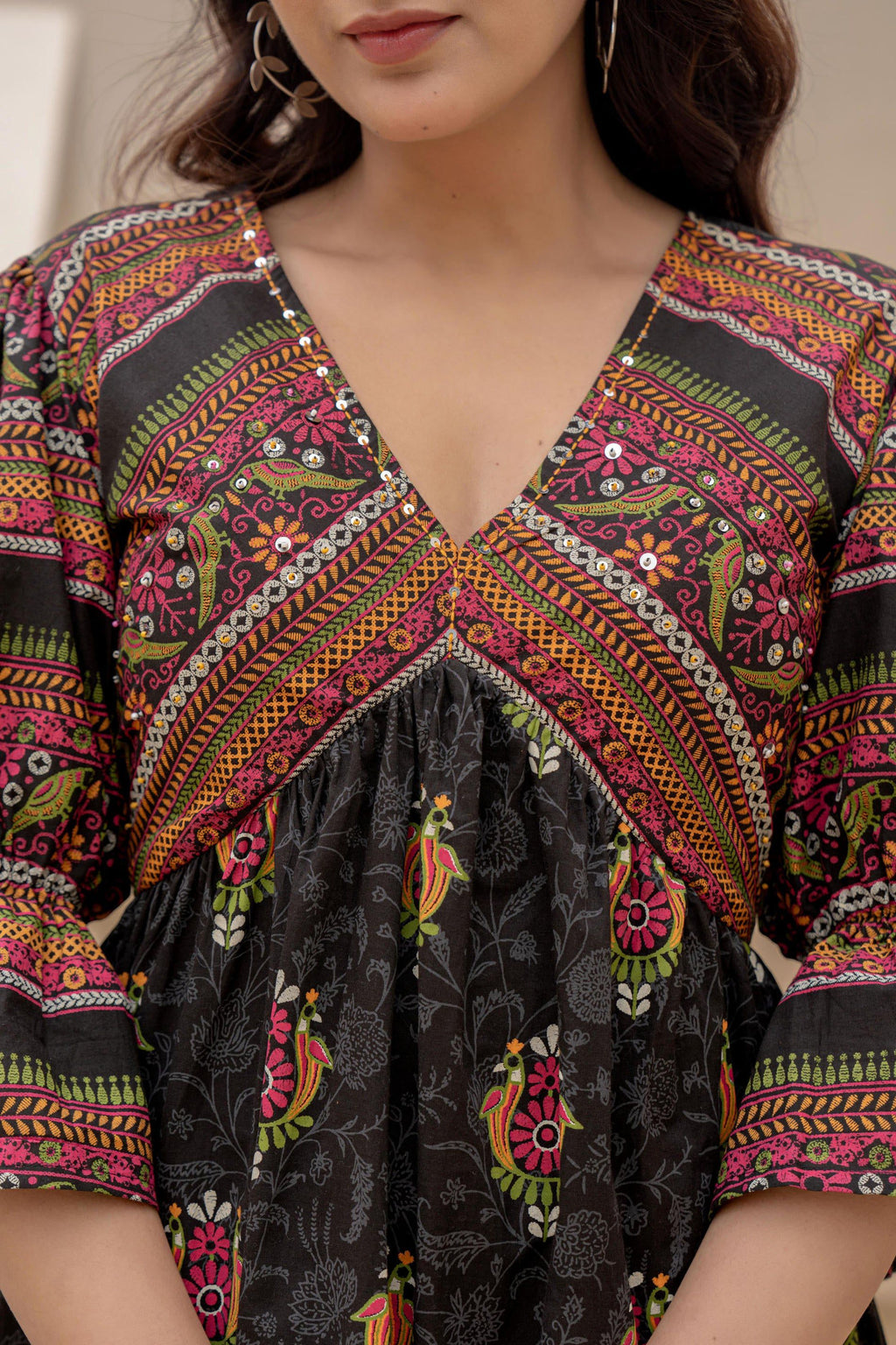 Juniper Black Printed Fit & Flare Dress with Tribal Border