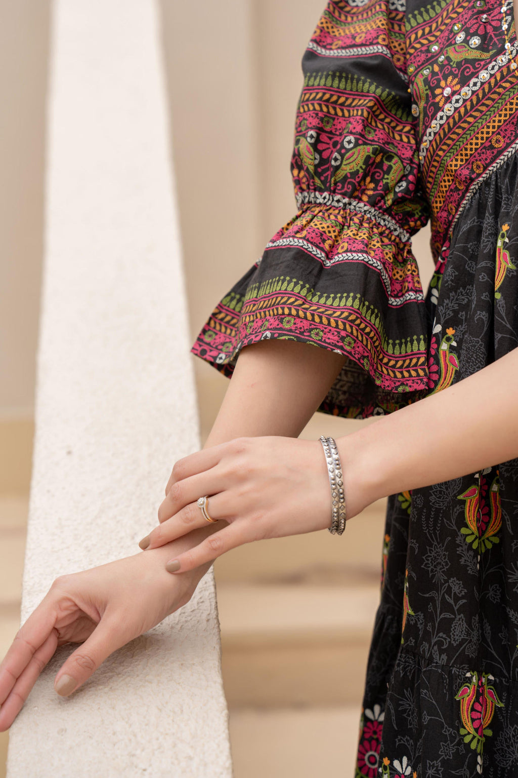 Juniper Black Printed Fit & Flare Dress with Tribal Border