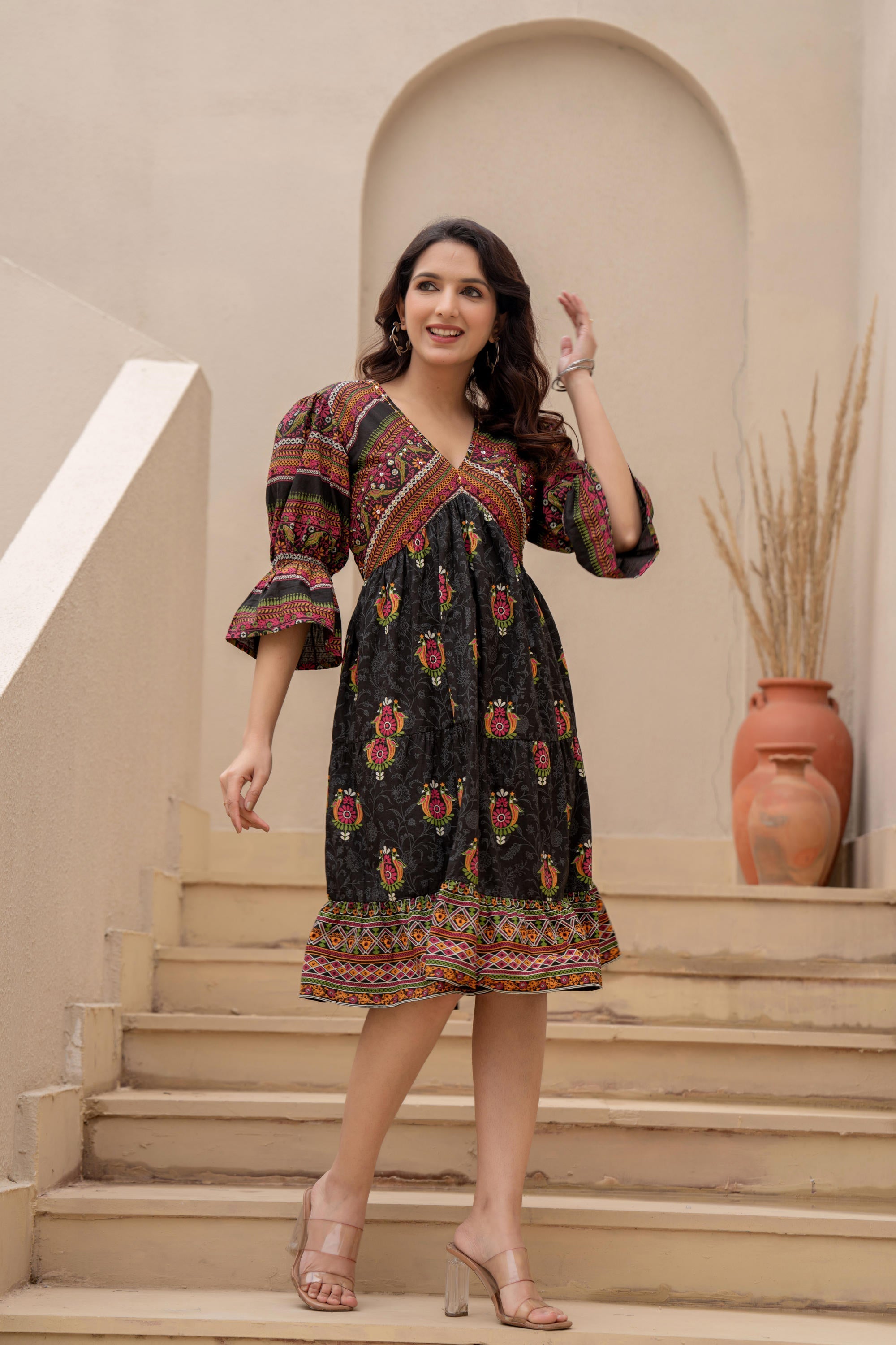Juniper Black Printed Fit & Flare Dress with Tribal Border