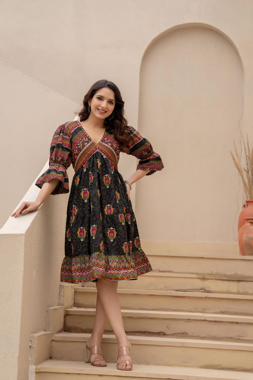 Juniper Black Printed Fit & Flare Dress with Tribal Border