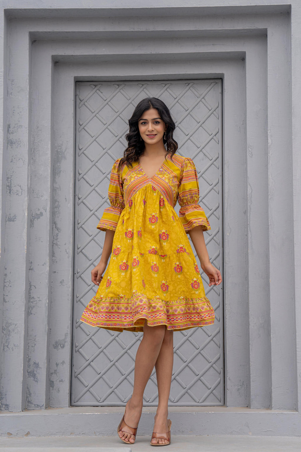 Juniper Mustard Printed Fit & Flare Dress with Tribal Border