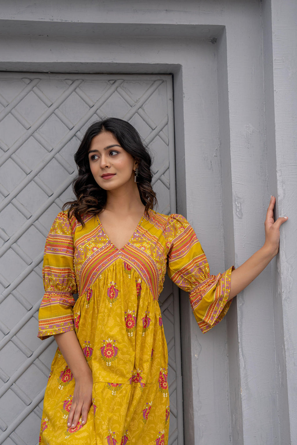Juniper Mustard Printed Fit & Flare Dress with Tribal Border