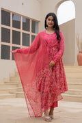 Juniper Fuchsia Embroidered & Printed Layered Dress Set With Dupatta