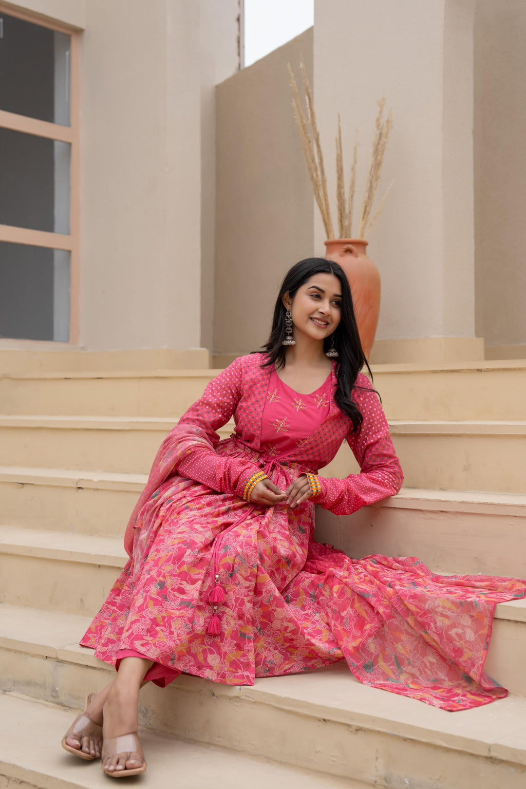 Juniper Fuchsia Embroidered & Printed Layered Dress Set with Dupatta