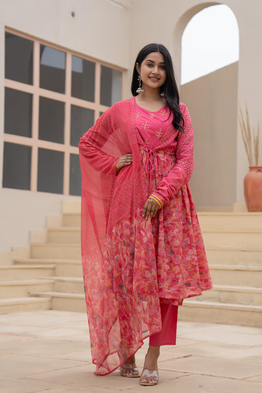 Juniper Fuchsia Embroidered & Printed Layered Dress Set with Dupatta