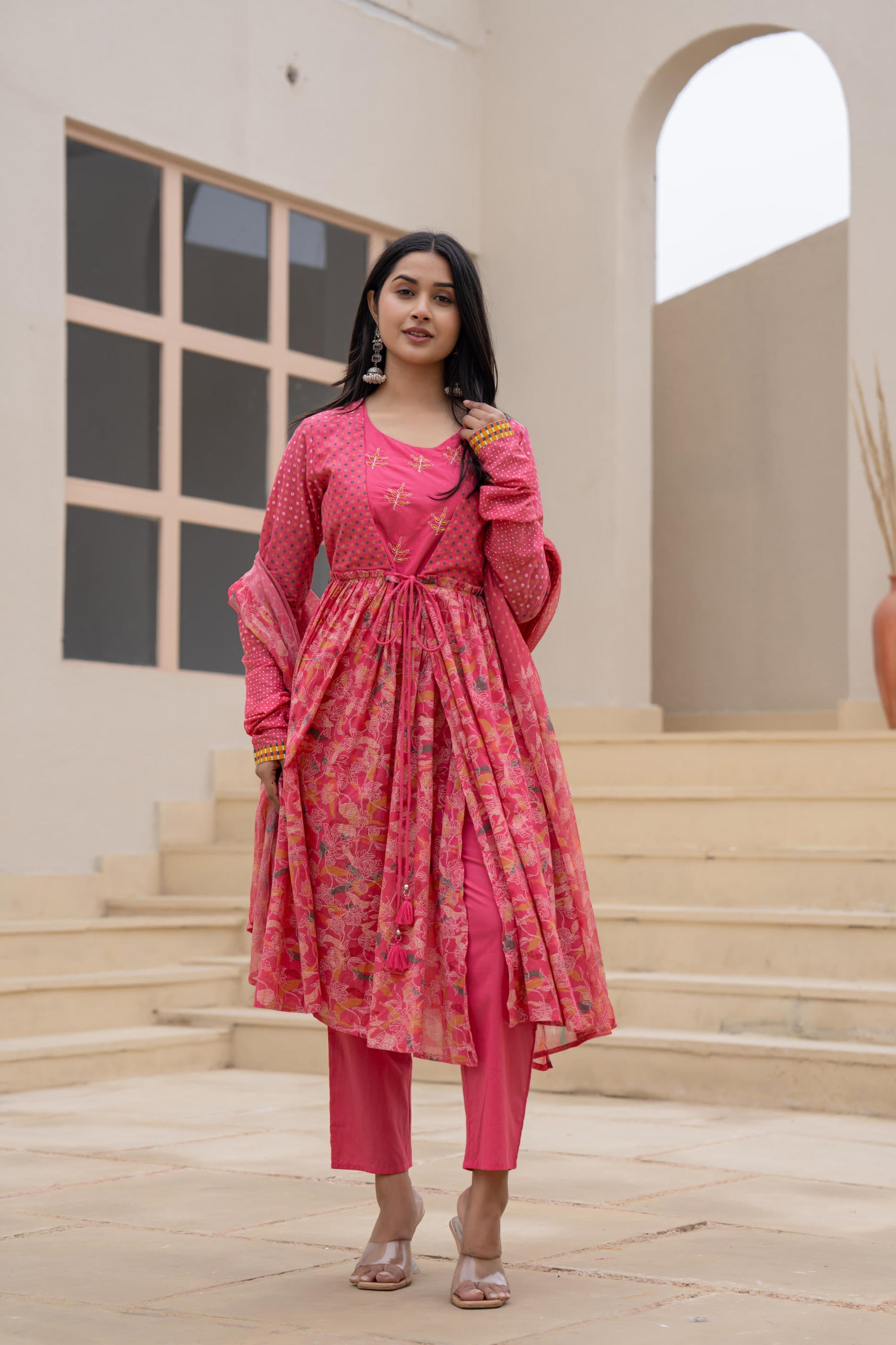 Juniper Fuchsia Embroidered & Printed Layered Dress Set with Dupatta