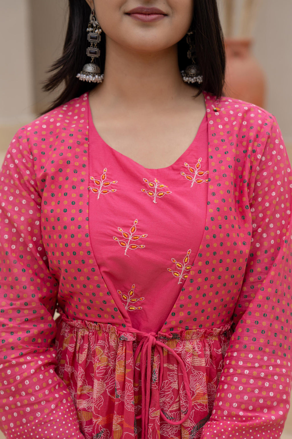 Juniper Fuchsia Embroidered & Printed Layered Dress Set with Dupatta