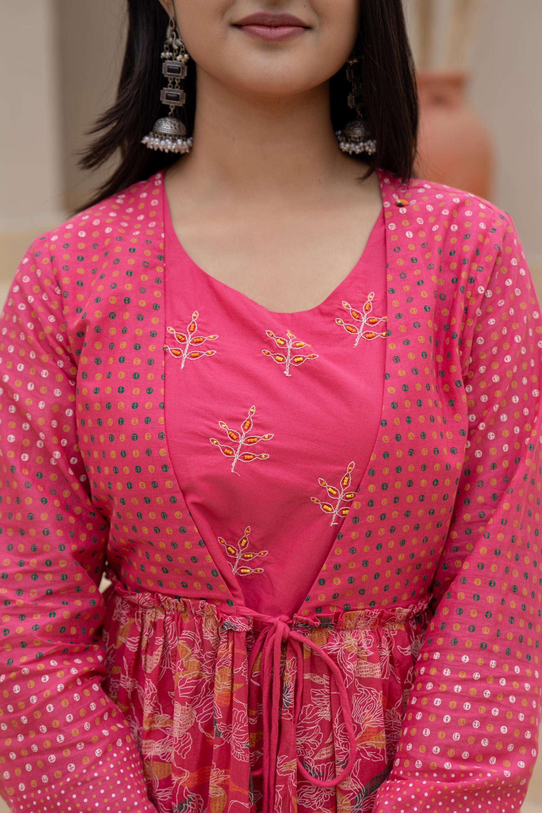 Juniper Fuchsia Embroidered & Printed Layered Dress Set with Dupatta