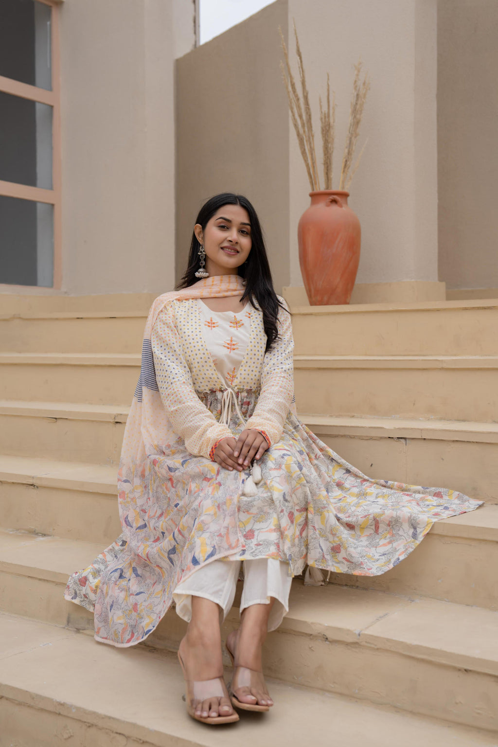 Juniper Ivory Embroidered & Printed Layered Dress Set With Dupatta