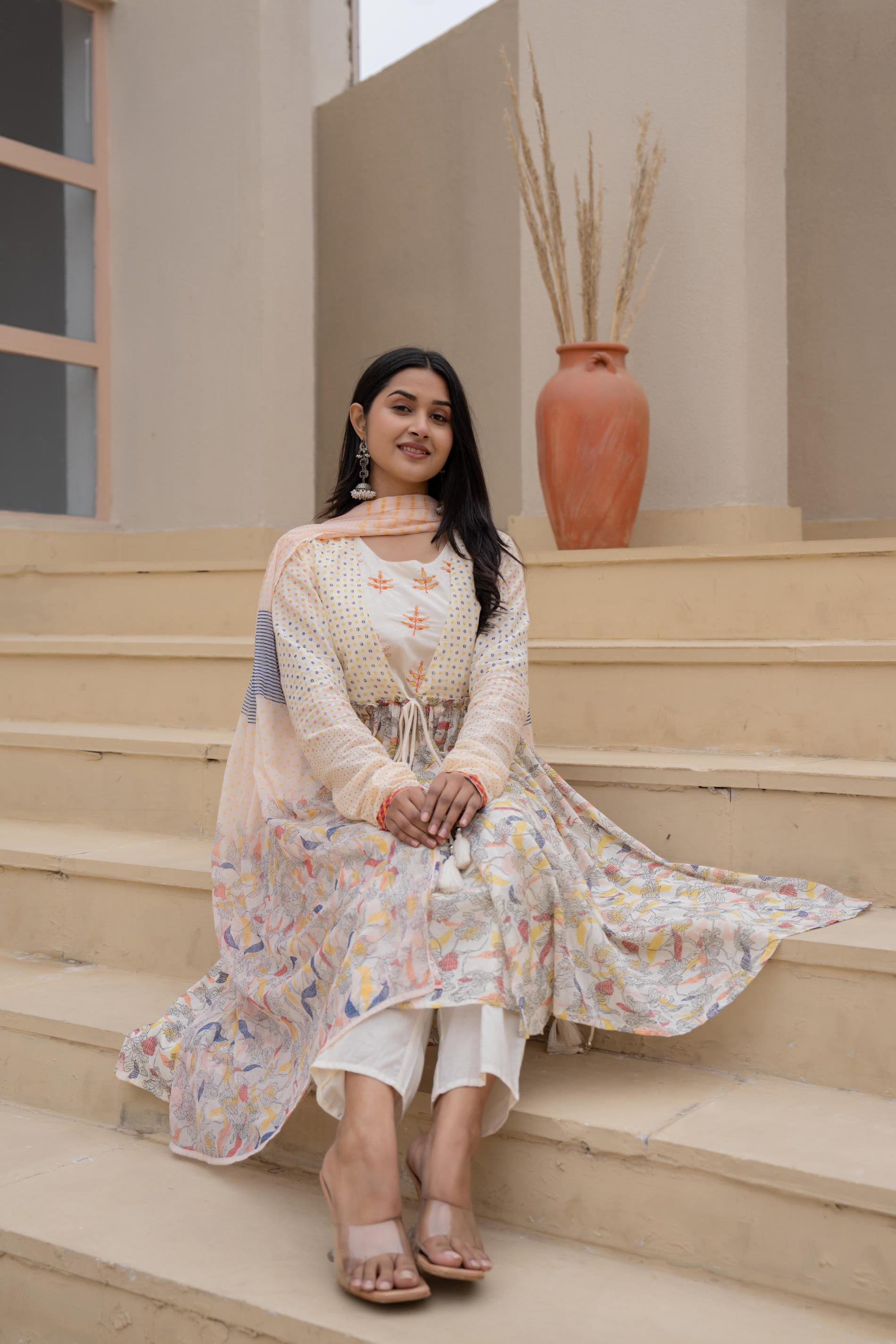 Juniper Ivory Embroidered & Printed Layered Dress Set With Dupatta