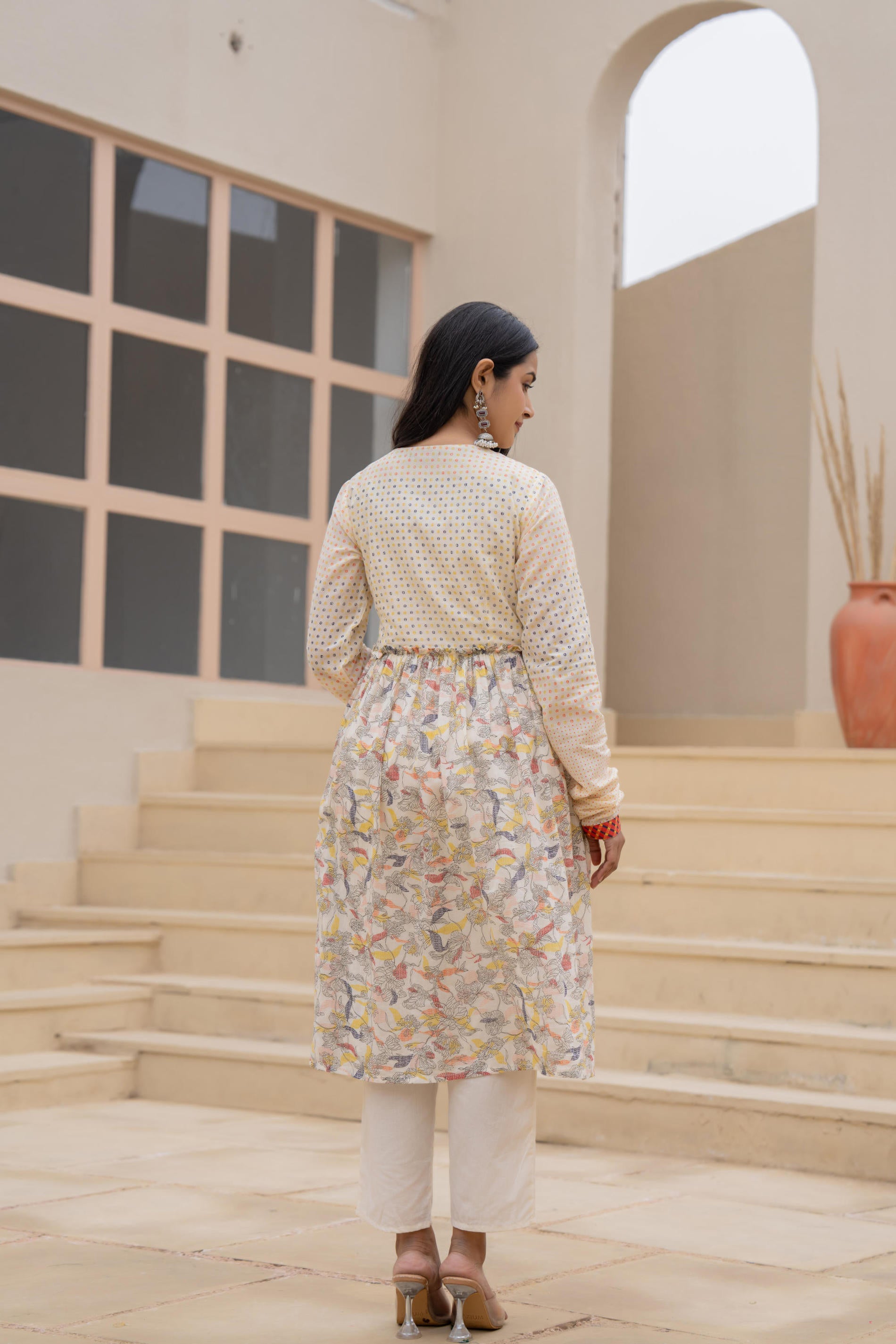Juniper Ivory Embroidered & Printed Layered Dress Set With Dupatta