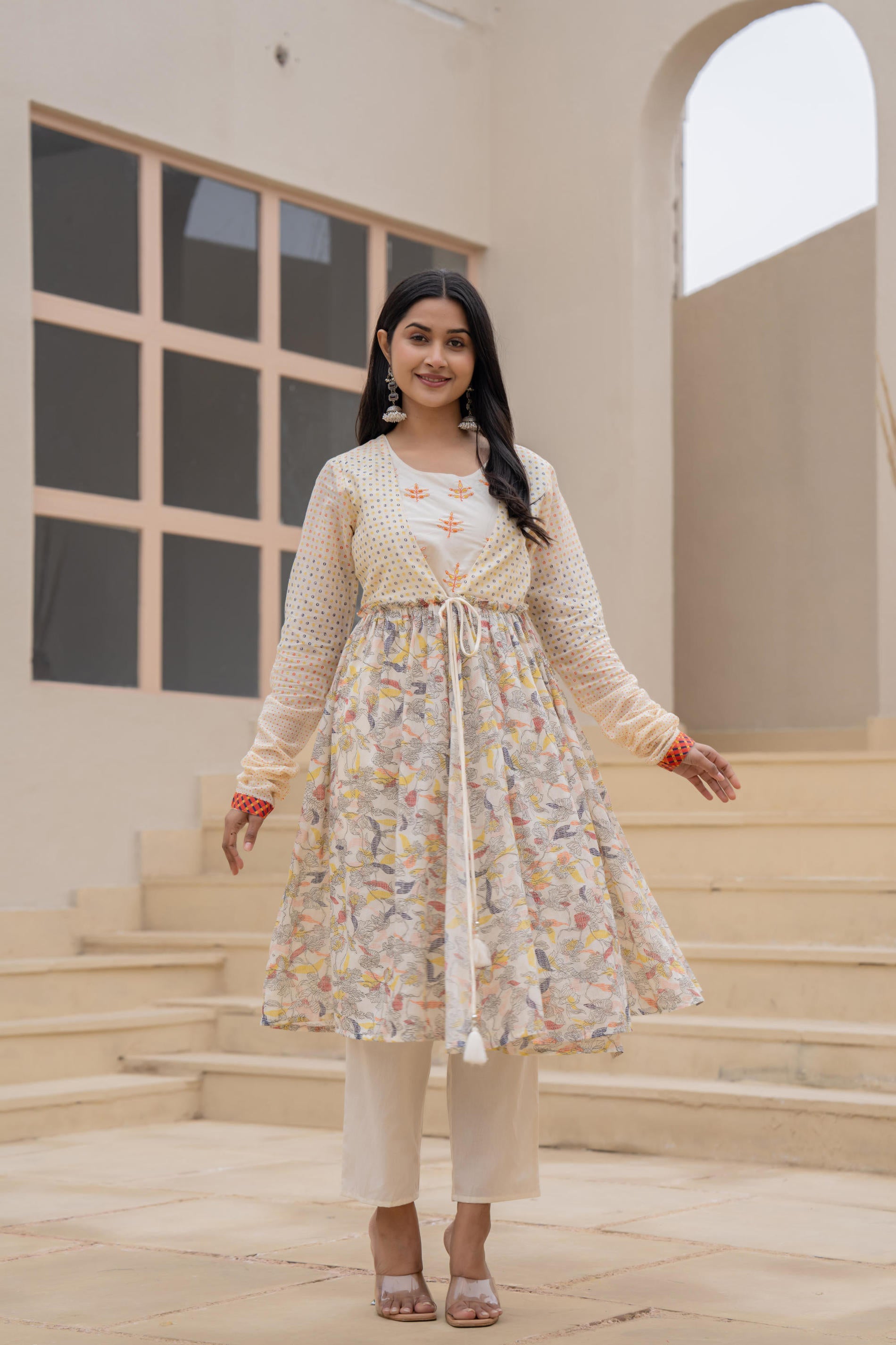 Juniper Ivory Embroidered & Printed Layered Dress Set with Dupatta