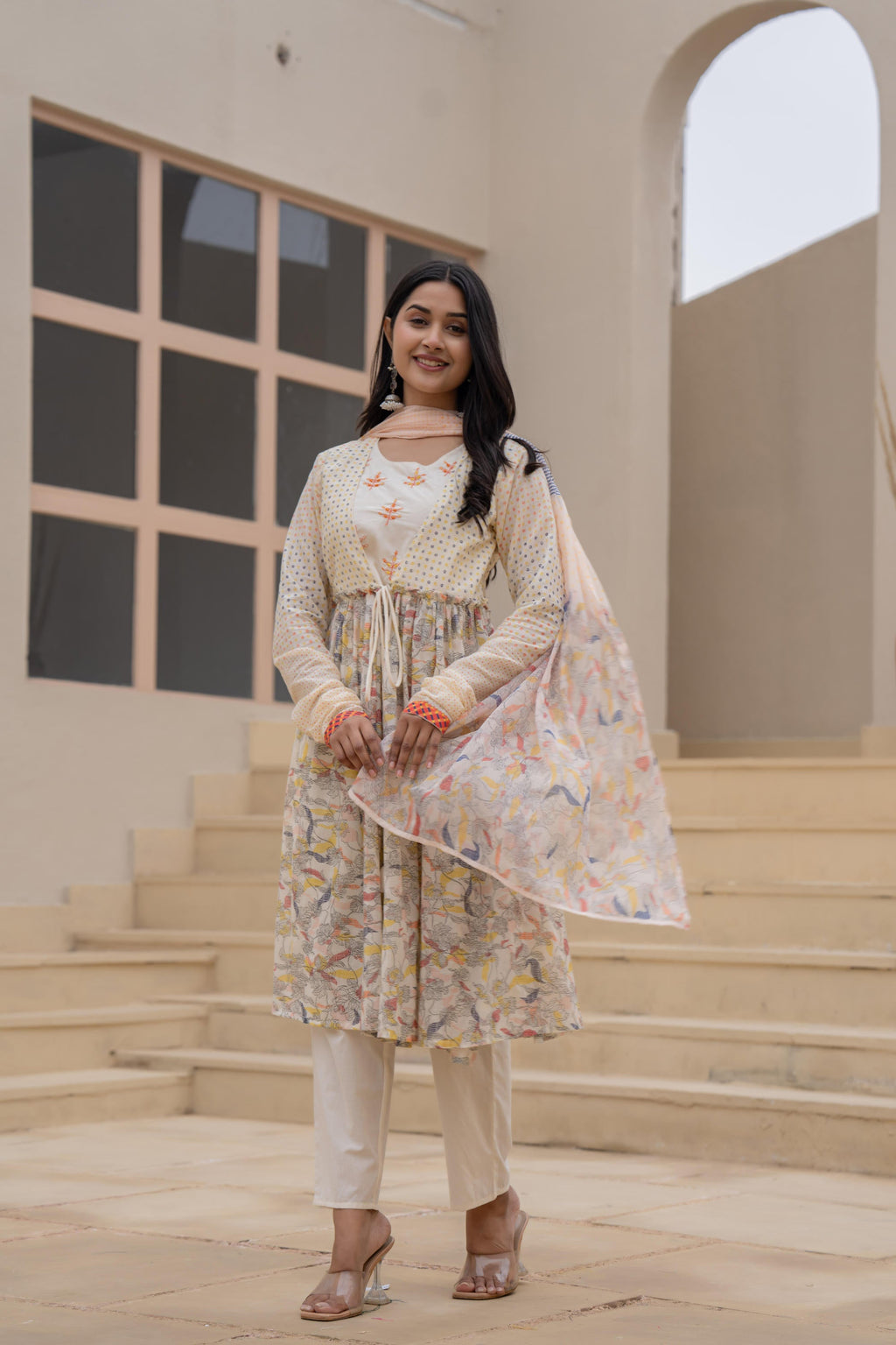 Juniper Ivory Embroidered & Printed Layered Dress Set with Dupatta