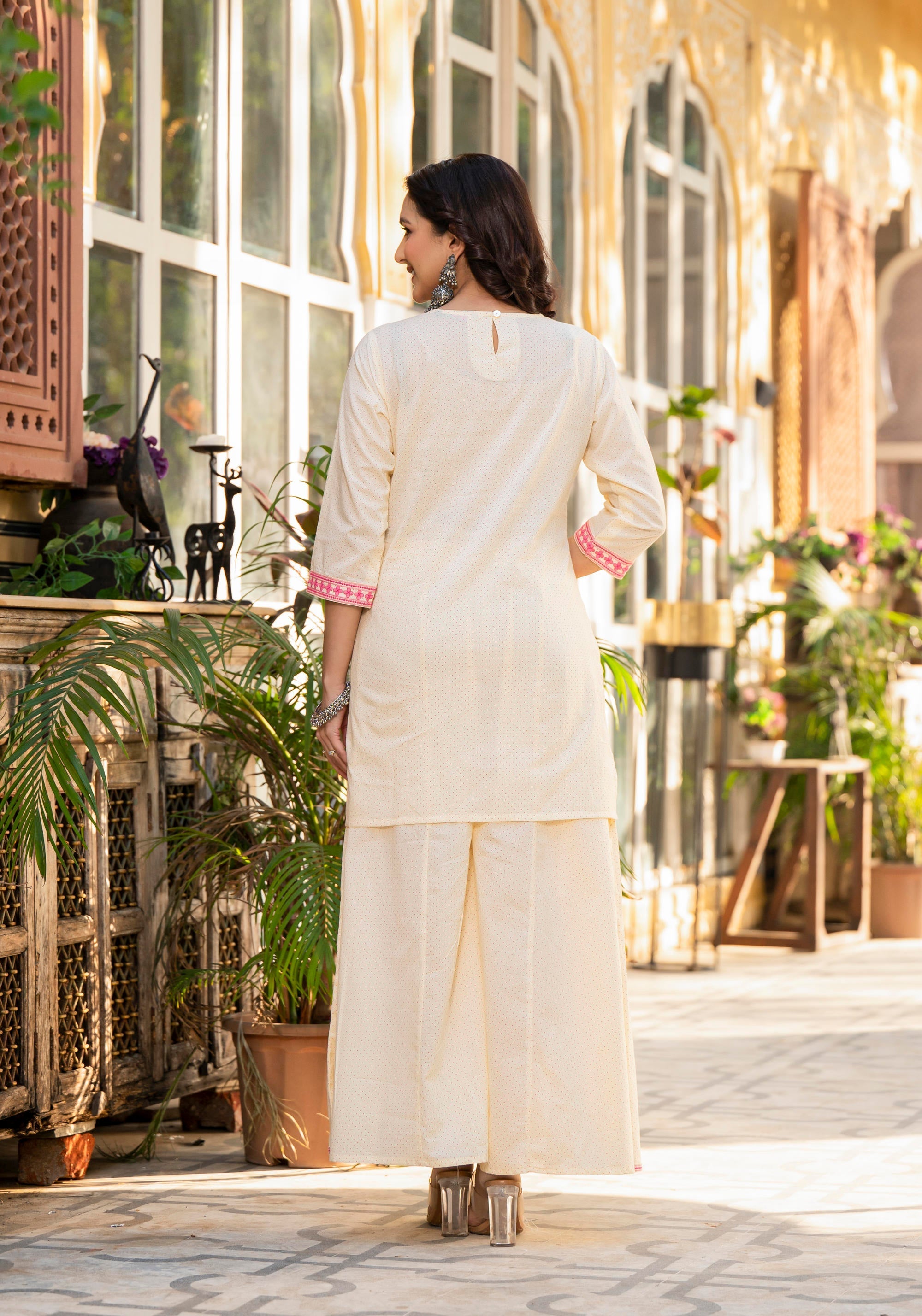 Juniper Ivory Ethnic Motif Printed Cotton Kurta Palazzo And Dupatta Set With Thread & Mirror Work