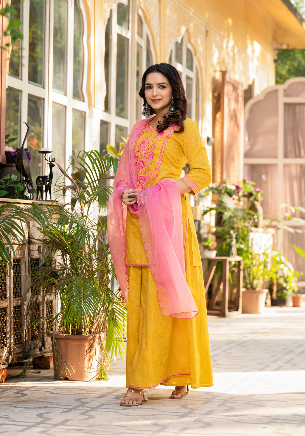Juniper Mustard Ethnic Motif Printed Cotton Kurta Palazzo And Dupatta Set With Thread & Mirror Work