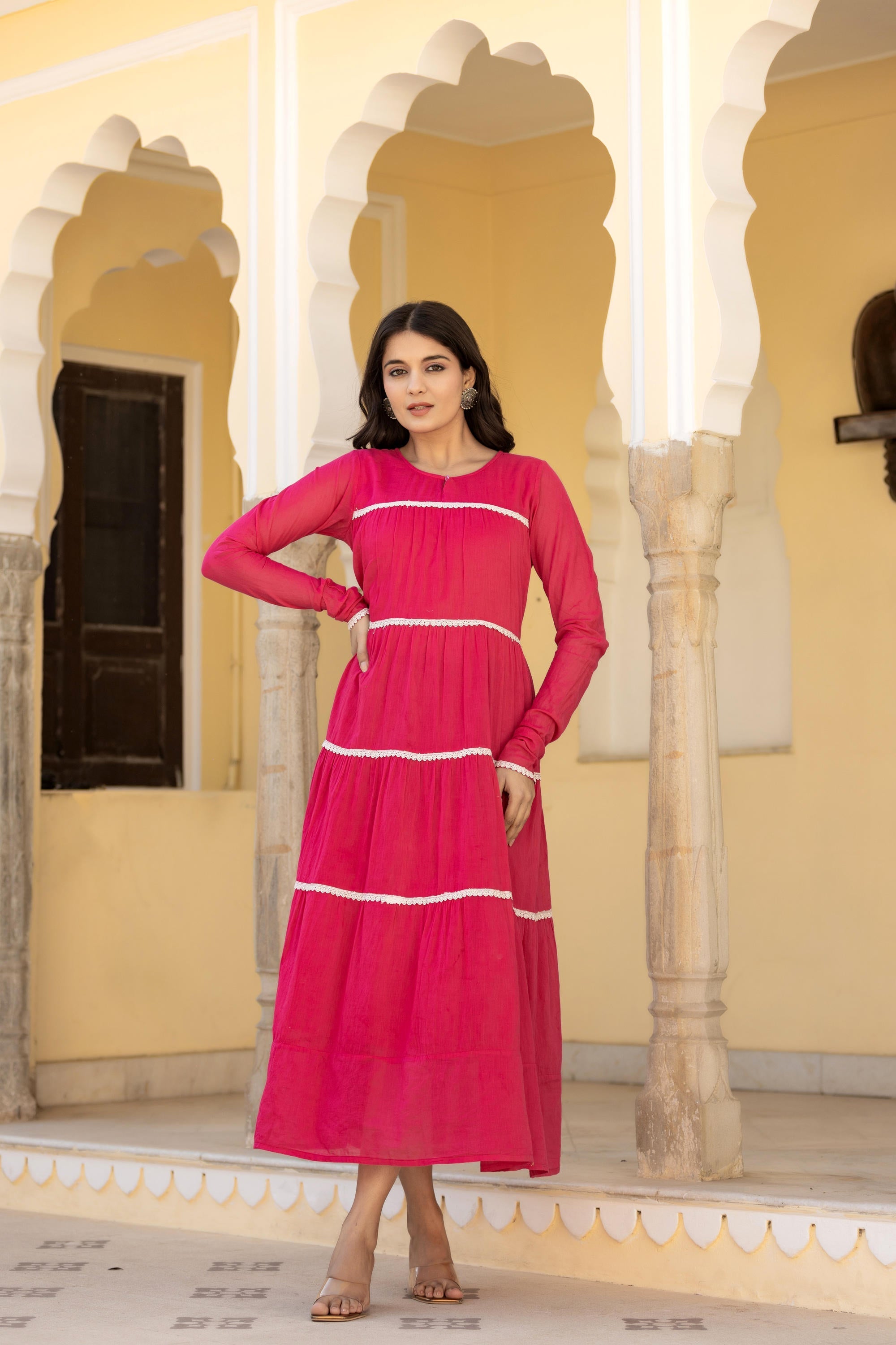 Juniper Fuchsia Tiered Ethnic Maxi Dress with Lace Inserts
