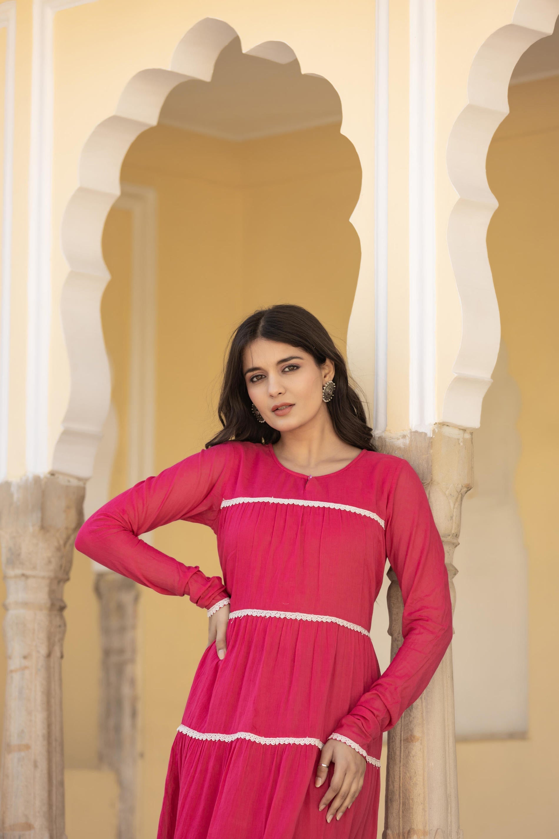 Juniper Fuchsia Tiered Ethnic Maxi Dress with Lace Inserts
