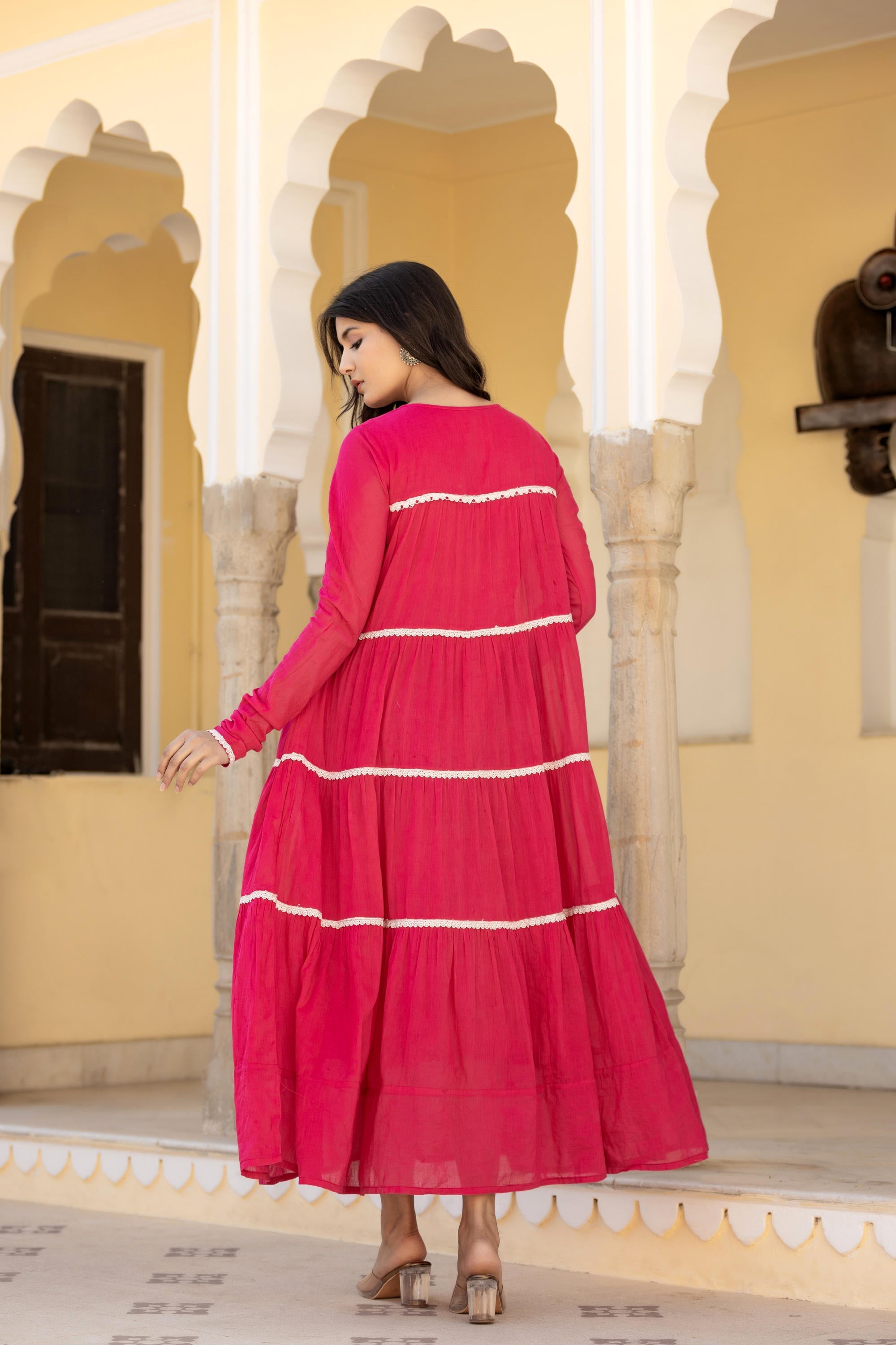 Juniper Fuchsia Tiered Ethnic Maxi Dress with Lace Inserts