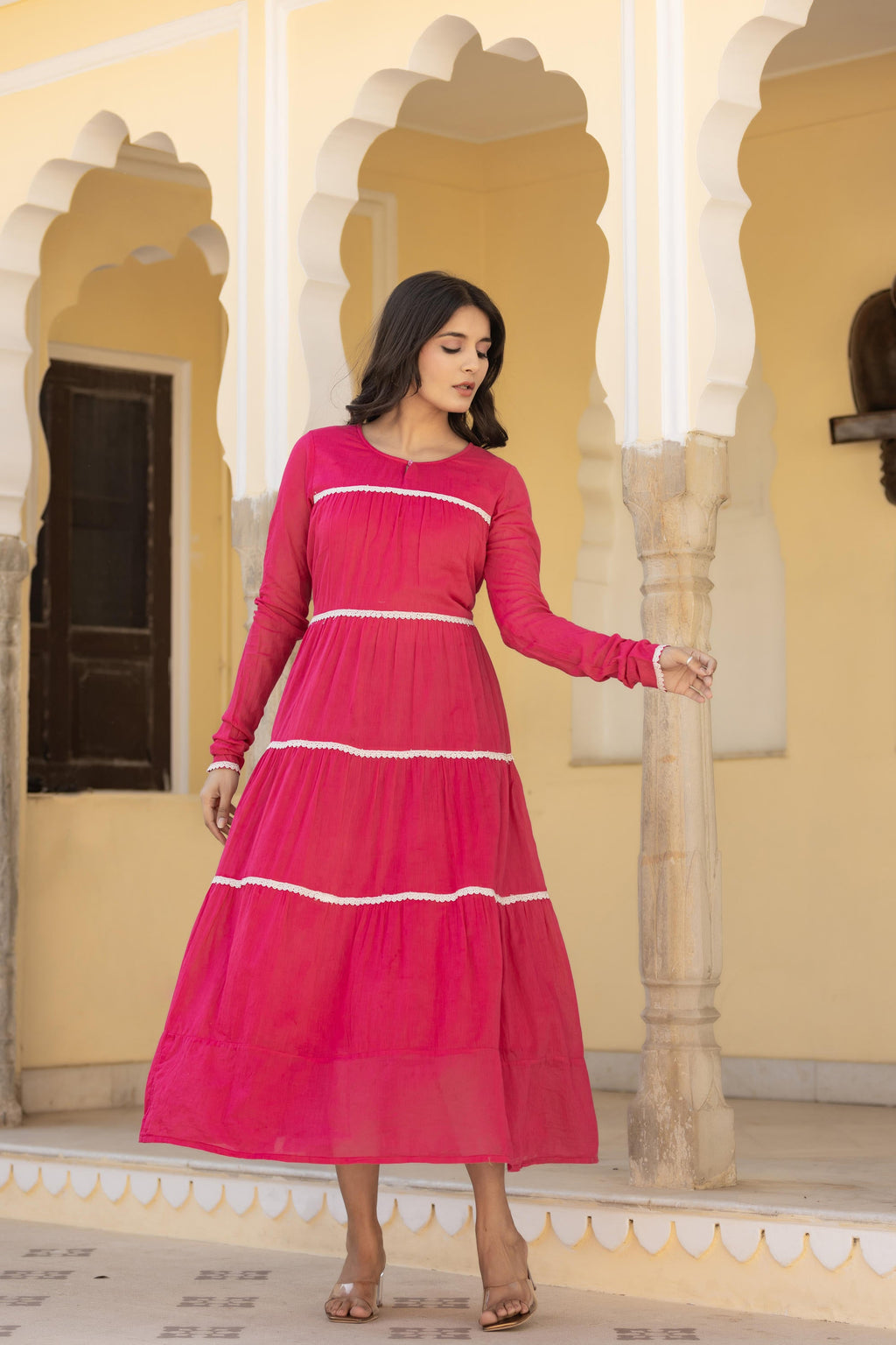 Juniper Fuchsia Tiered Ethnic Maxi Dress with Lace Inserts