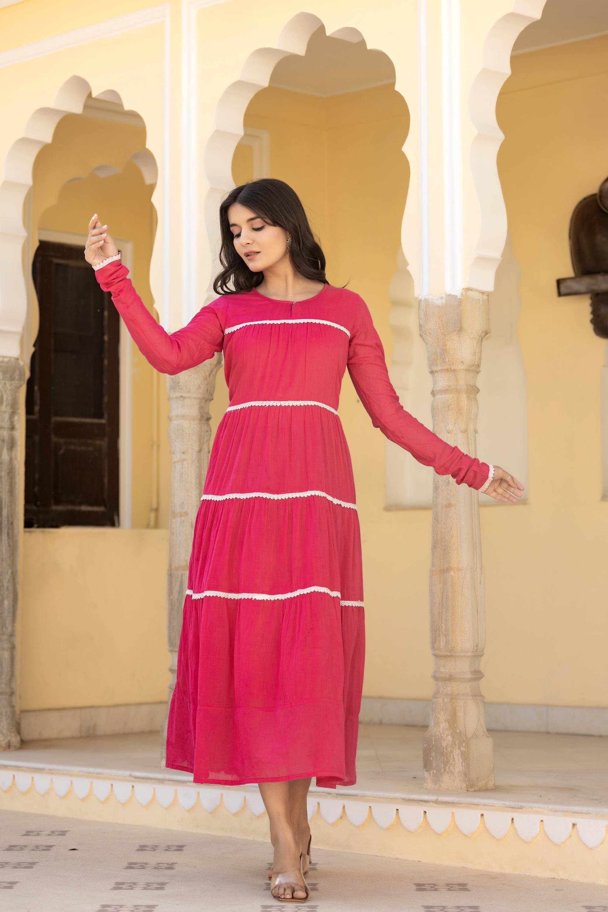 Juniper Fuchsia Tiered Ethnic Maxi Dress with Lace Inserts