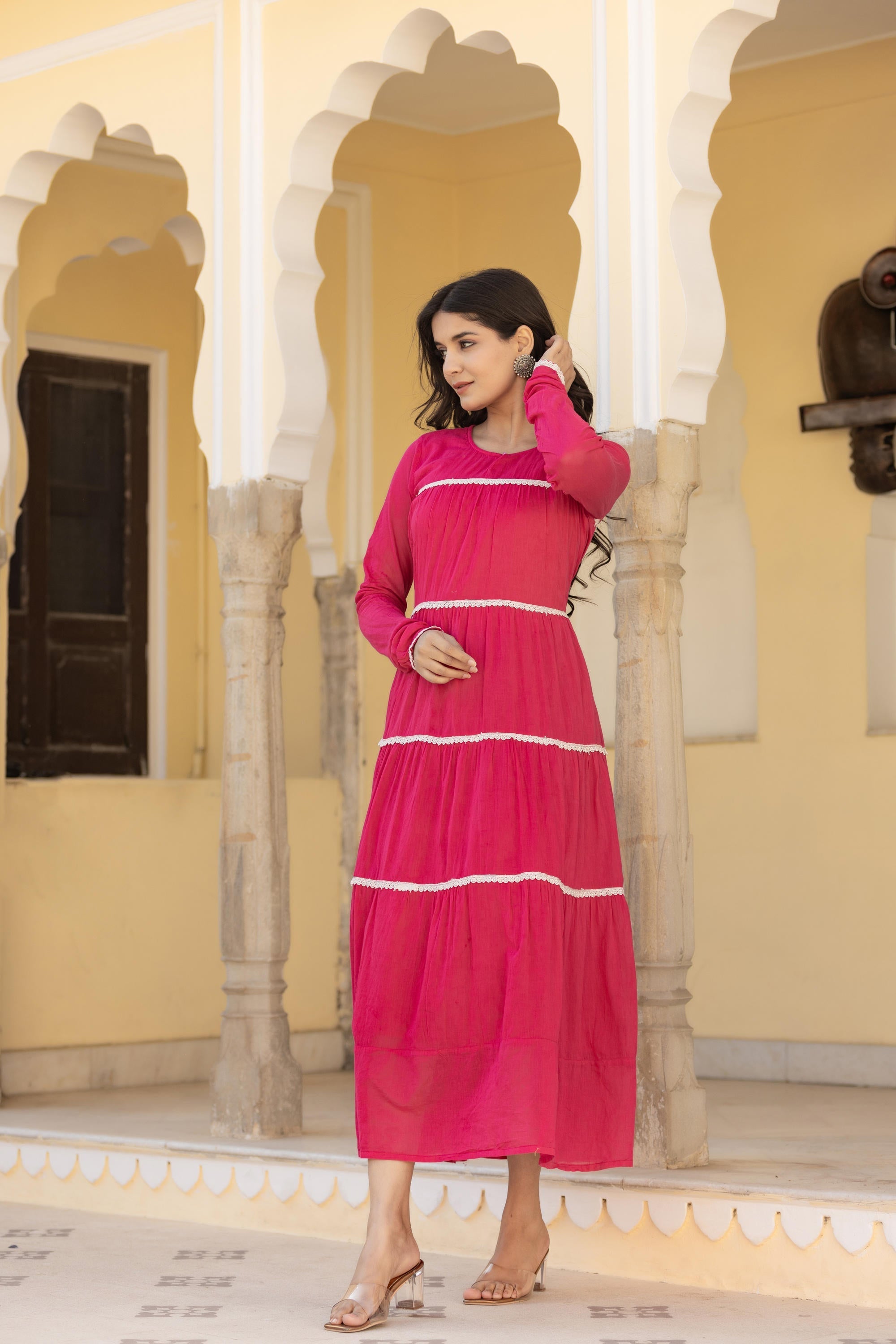 Juniper Fuchsia Tiered Ethnic Maxi Dress with Lace Inserts