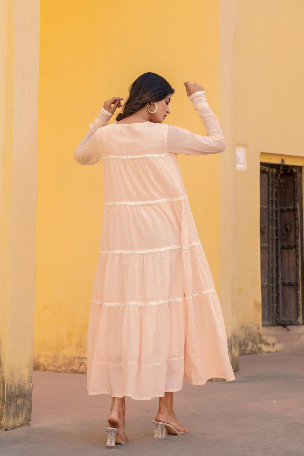 Juniper Peach Tiered Ethnic Maxi Dress with Lace Inserts