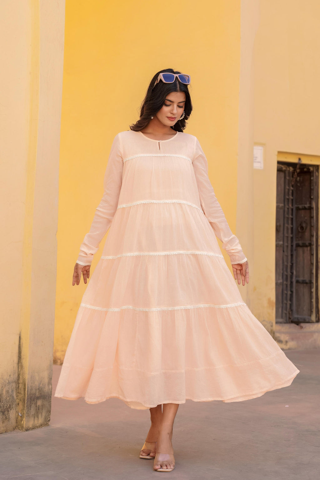 Juniper Peach Tiered Ethnic Maxi Dress with Lace Inserts