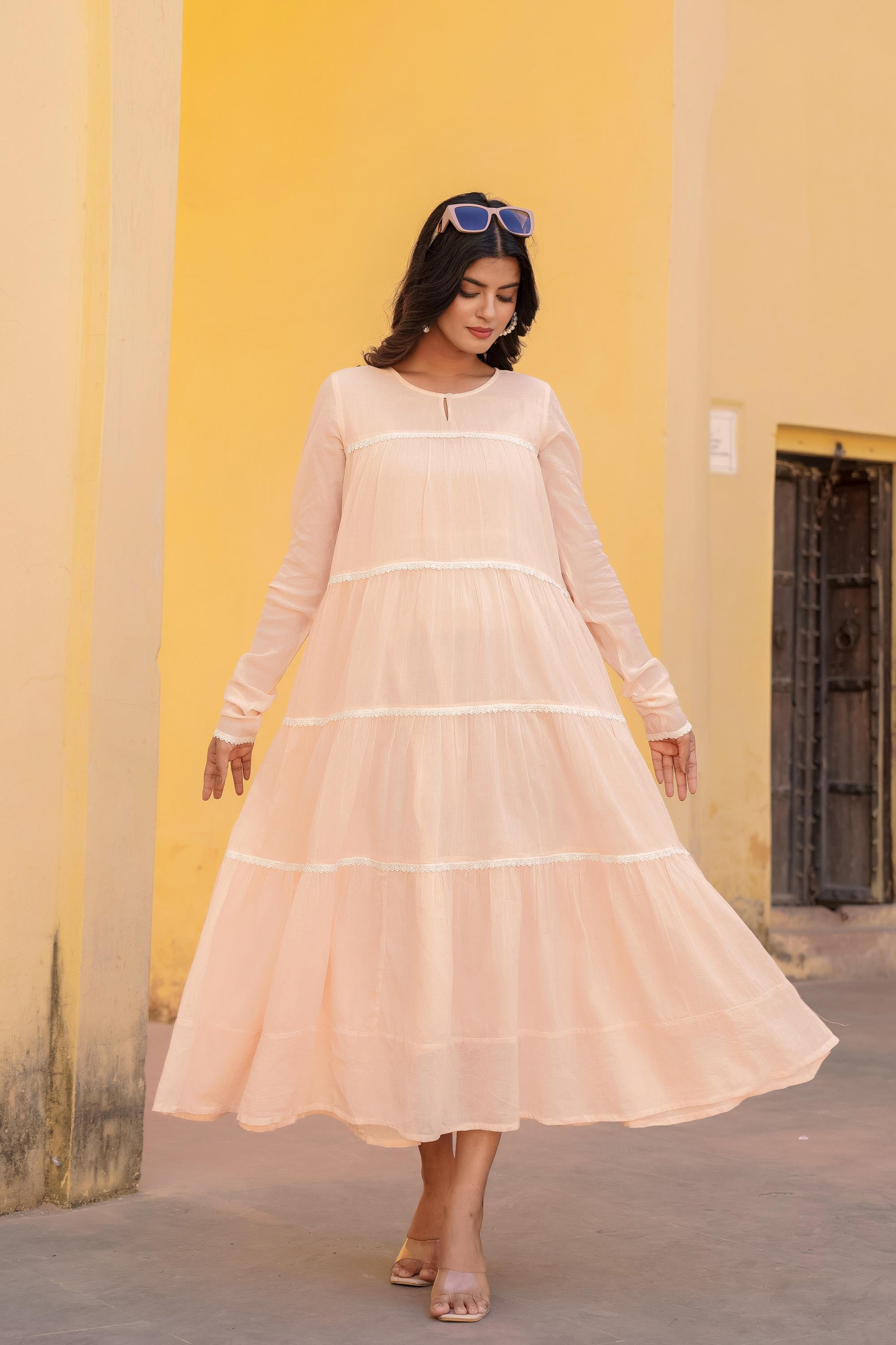 Juniper Peach Tiered Ethnic Maxi Dress with Lace Inserts
