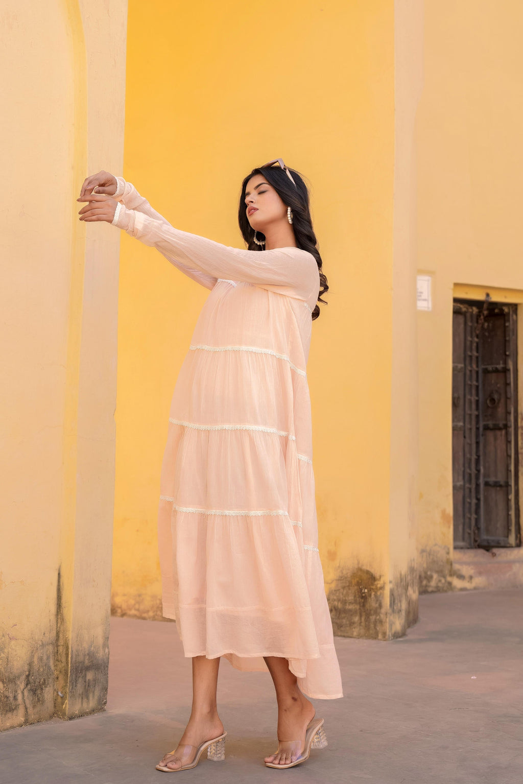 Juniper Peach Tiered Ethnic Maxi Dress with Lace Inserts