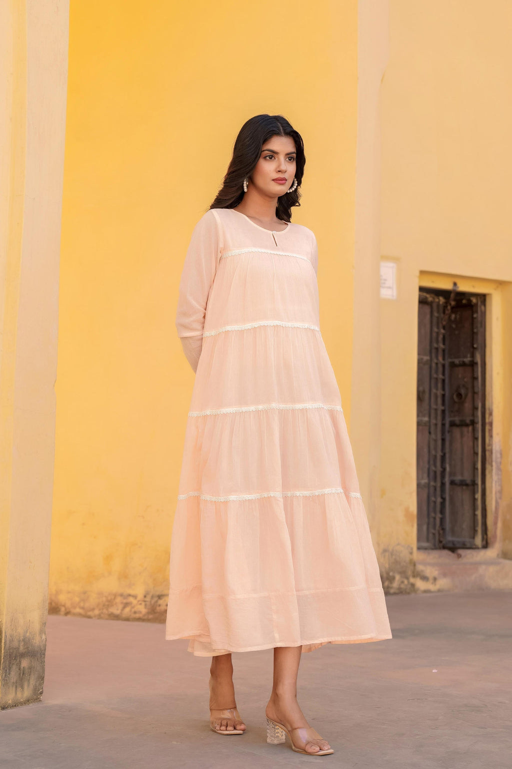Juniper Peach Tiered Ethnic Maxi Dress with Lace Inserts