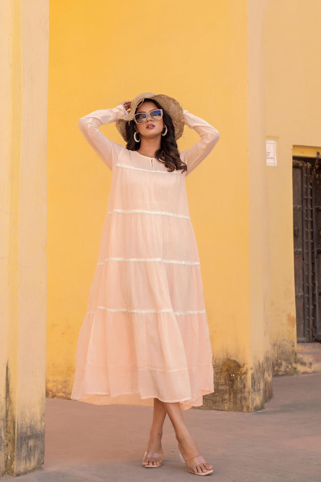 Juniper Peach Tiered Ethnic Maxi Dress with Lace Inserts