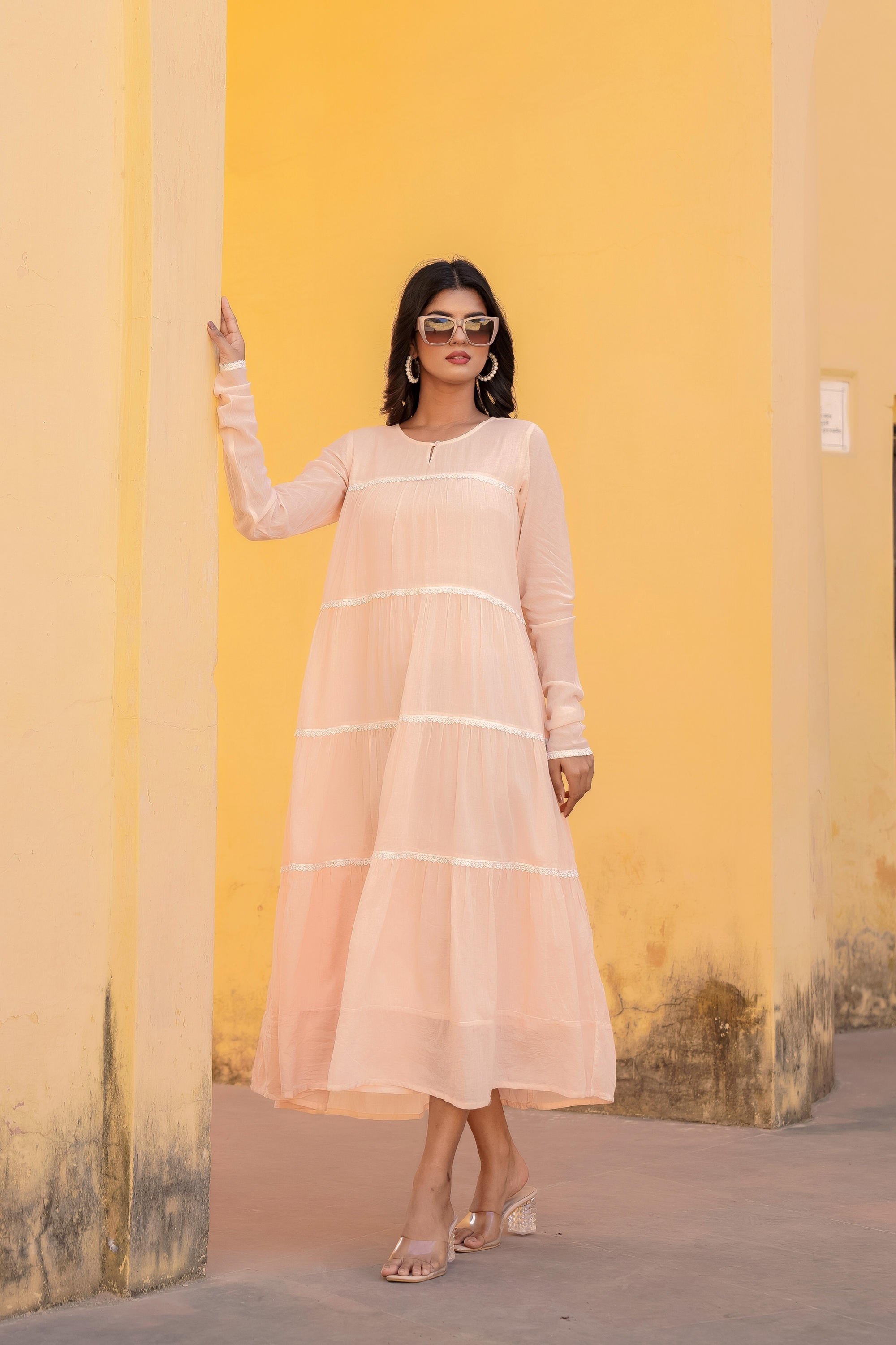 Juniper Peach Tiered Ethnic Maxi Dress with Lace Inserts
