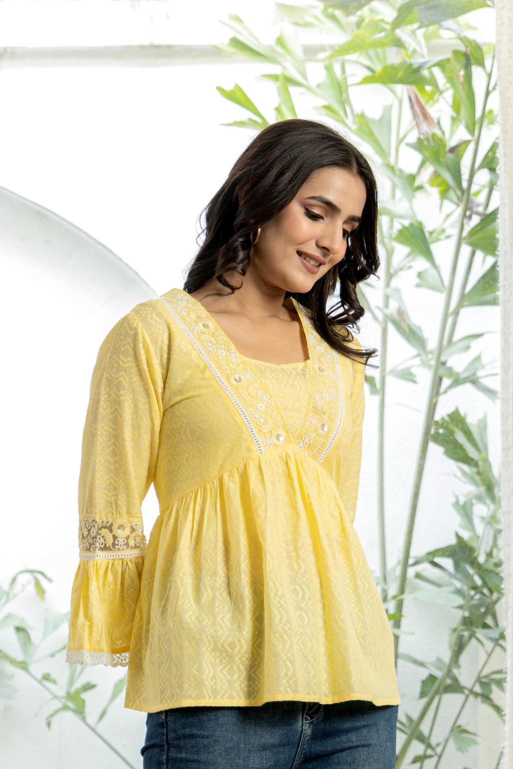 Juniper Lime Yellow Ethnic Peplum Top with Lace & Sequin Embroidery