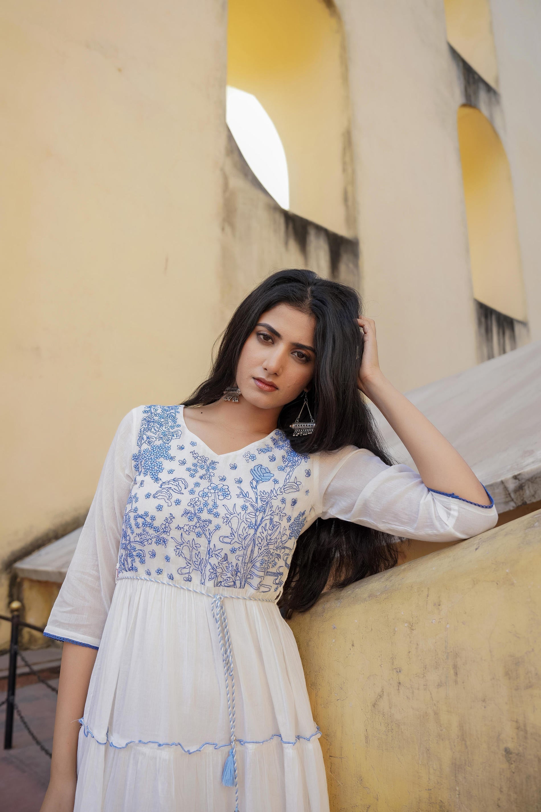 Juniper White Tiered Ethnic Maxi Dress with Powder Blue Floral Embroidery