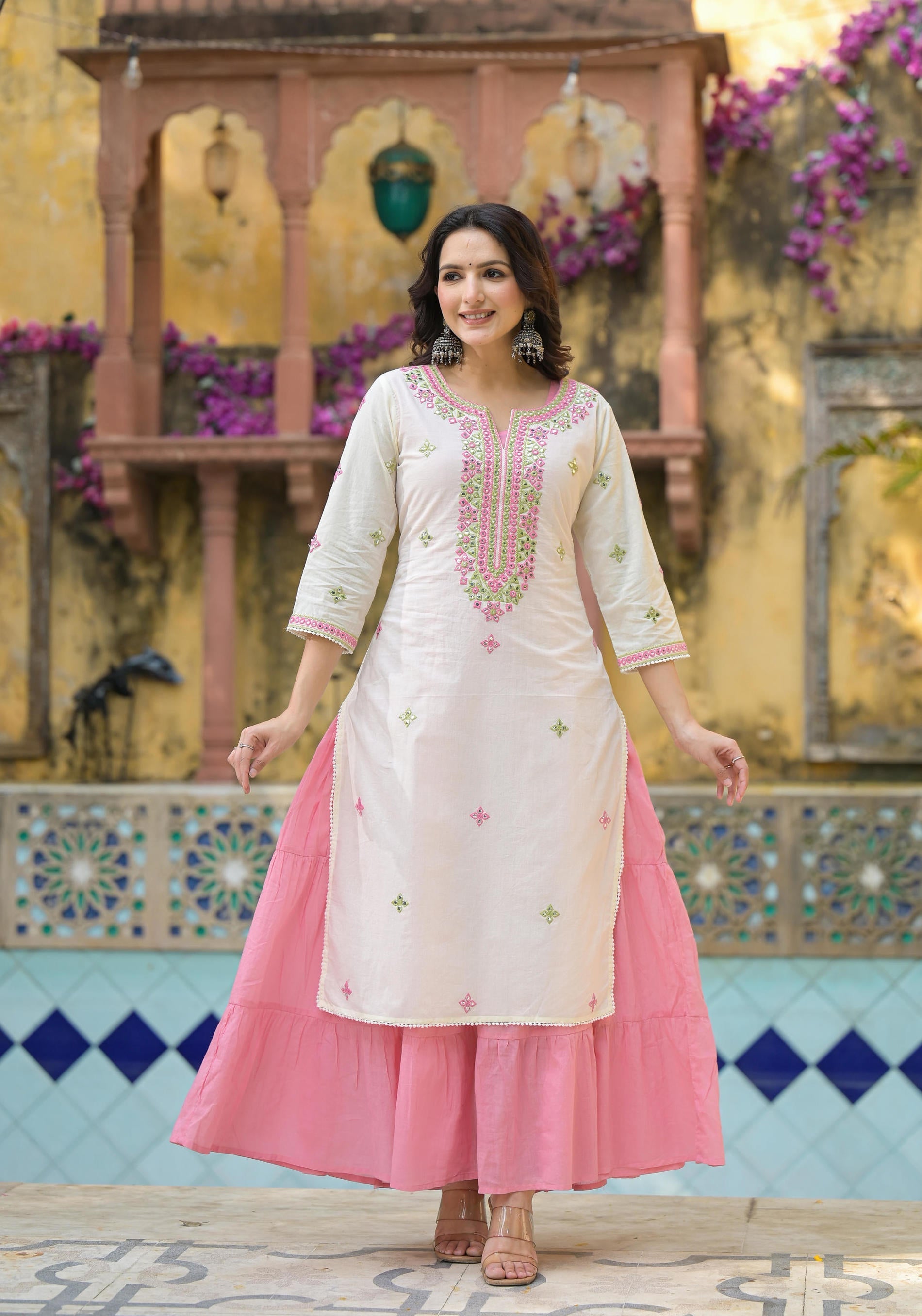 Juniper Ivory & Pink Solid Cotton Long Dress With Thread & Mirror Work