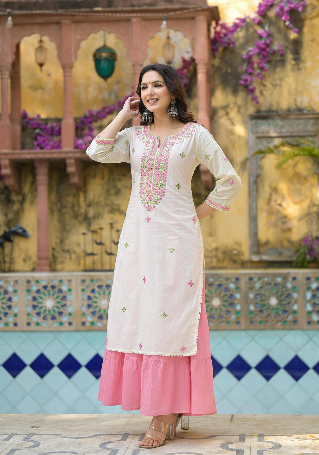 Juniper Ivory & Pink Solid Cotton Long Dress With Thread & Mirror Work