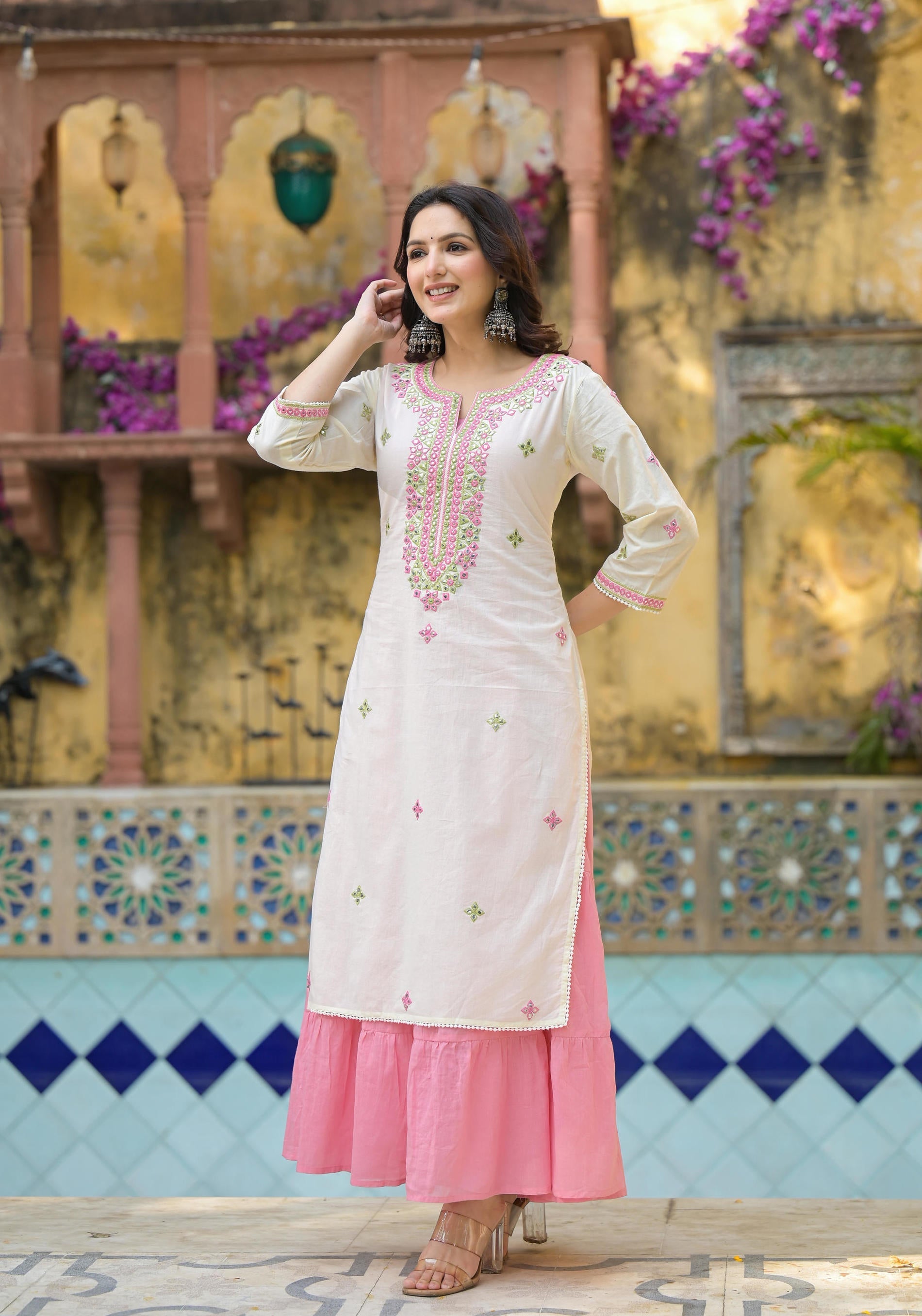 Juniper Ivory & Pink Solid Cotton Long Dress With Thread & Mirror Work