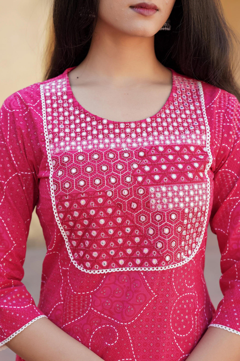 Juniper Fuchsia Ethnic Motif Printed Cotton Kurta Pant And Dupatta Set With Mirror & Thread Work