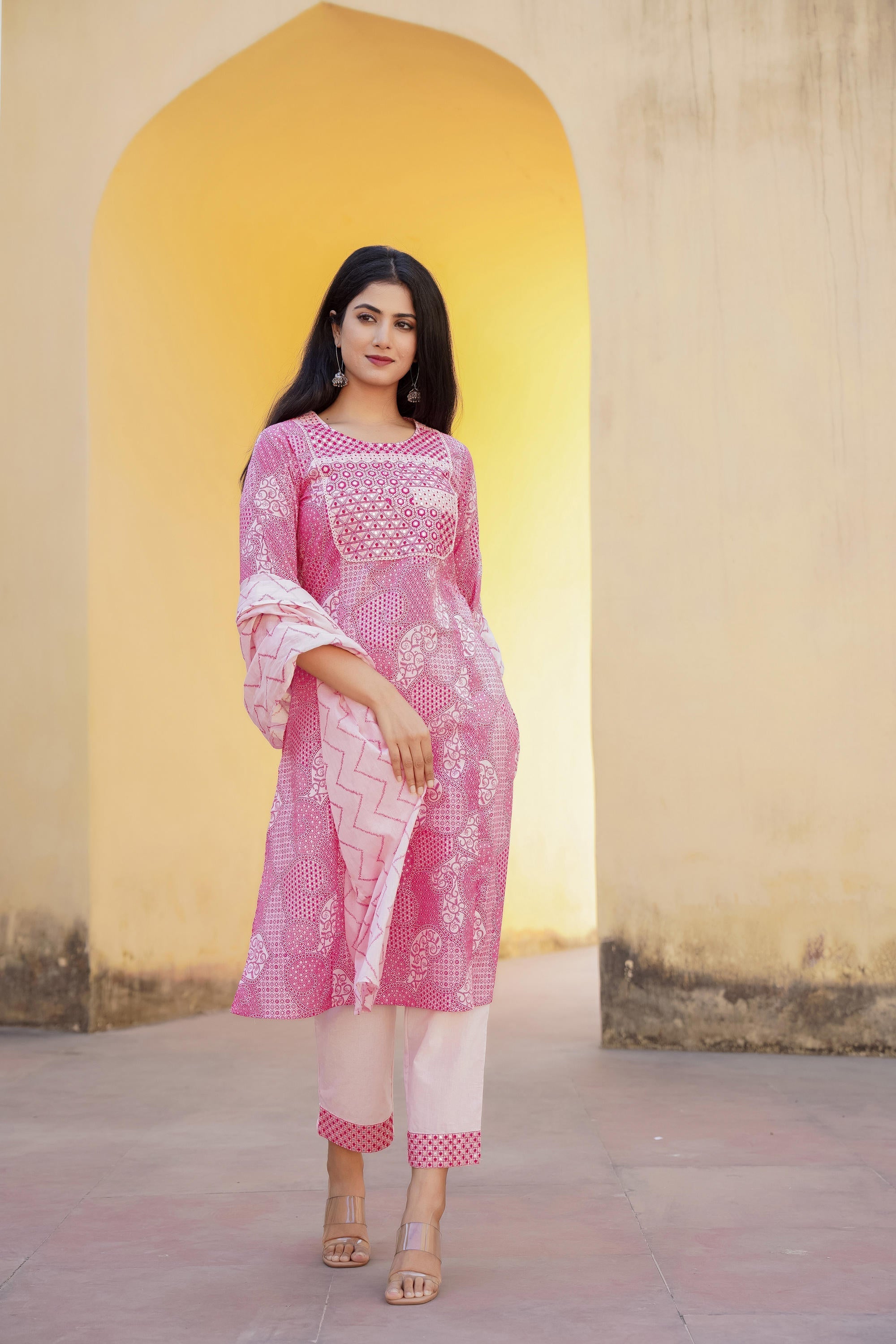 Juniper Light Pink Ethnic Motif Printed Kurta Pant And Dupatta Set With Mirror & Thread Work