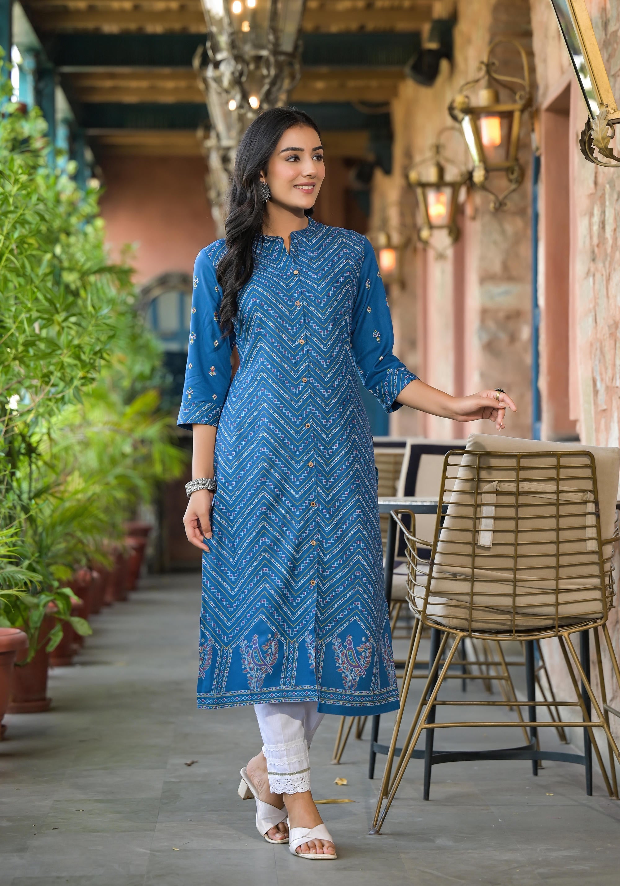 Juniper Women's Blue Ethnic Motif Printed Viscose Kurta With Button Closure