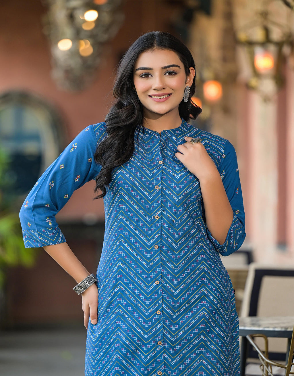 Juniper Women's Blue Ethnic Motif Printed Viscose Kurta With Button Closure