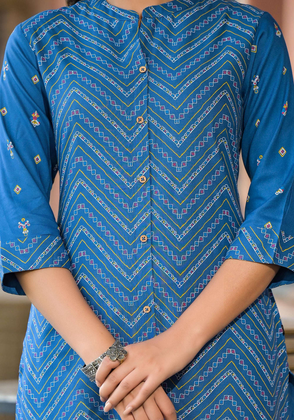 Juniper Women's Blue Ethnic Motif Printed Viscose Kurta With Button Closure
