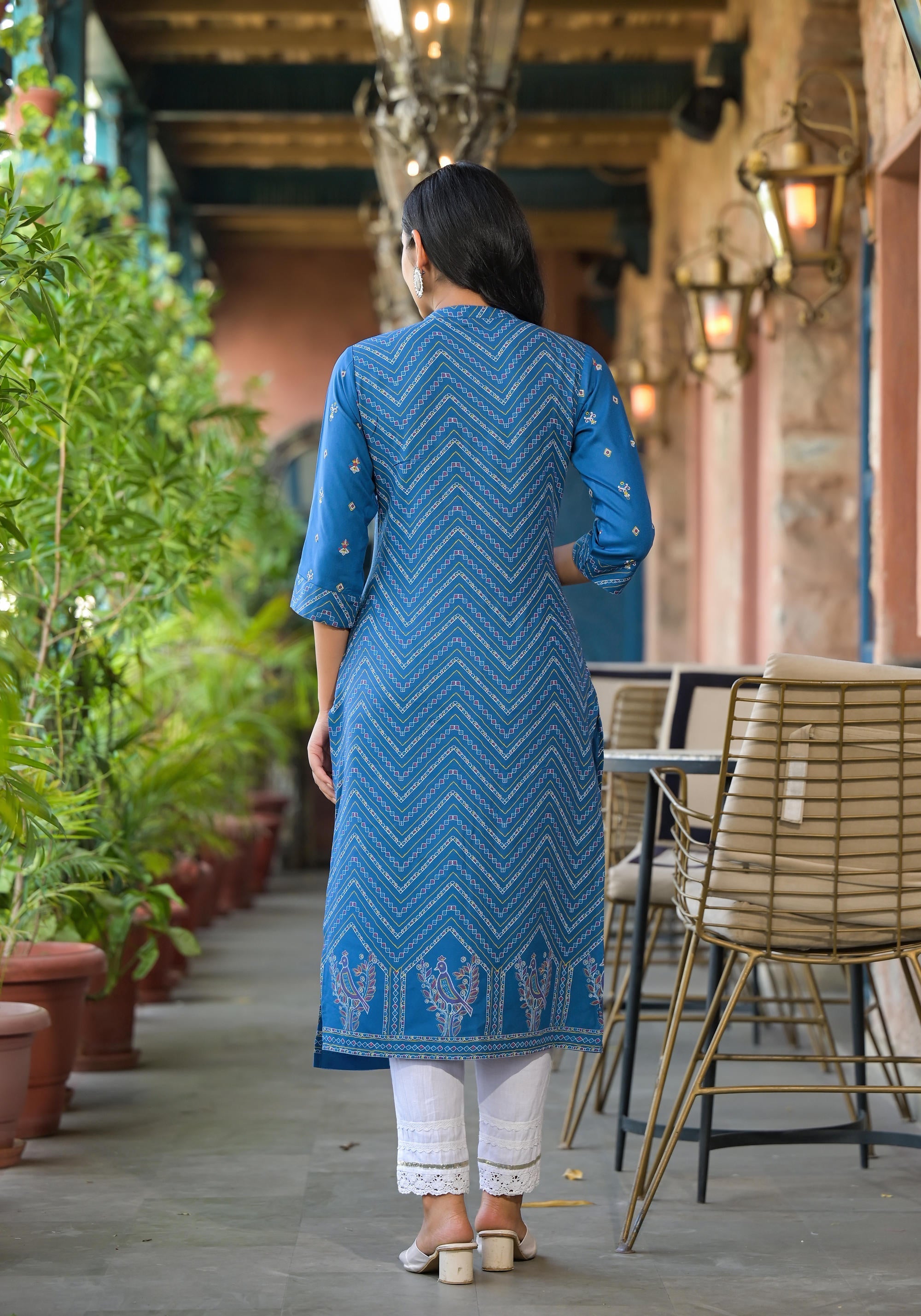 Juniper Women's Blue Ethnic Motif Printed Viscose Kurta With Button Closure