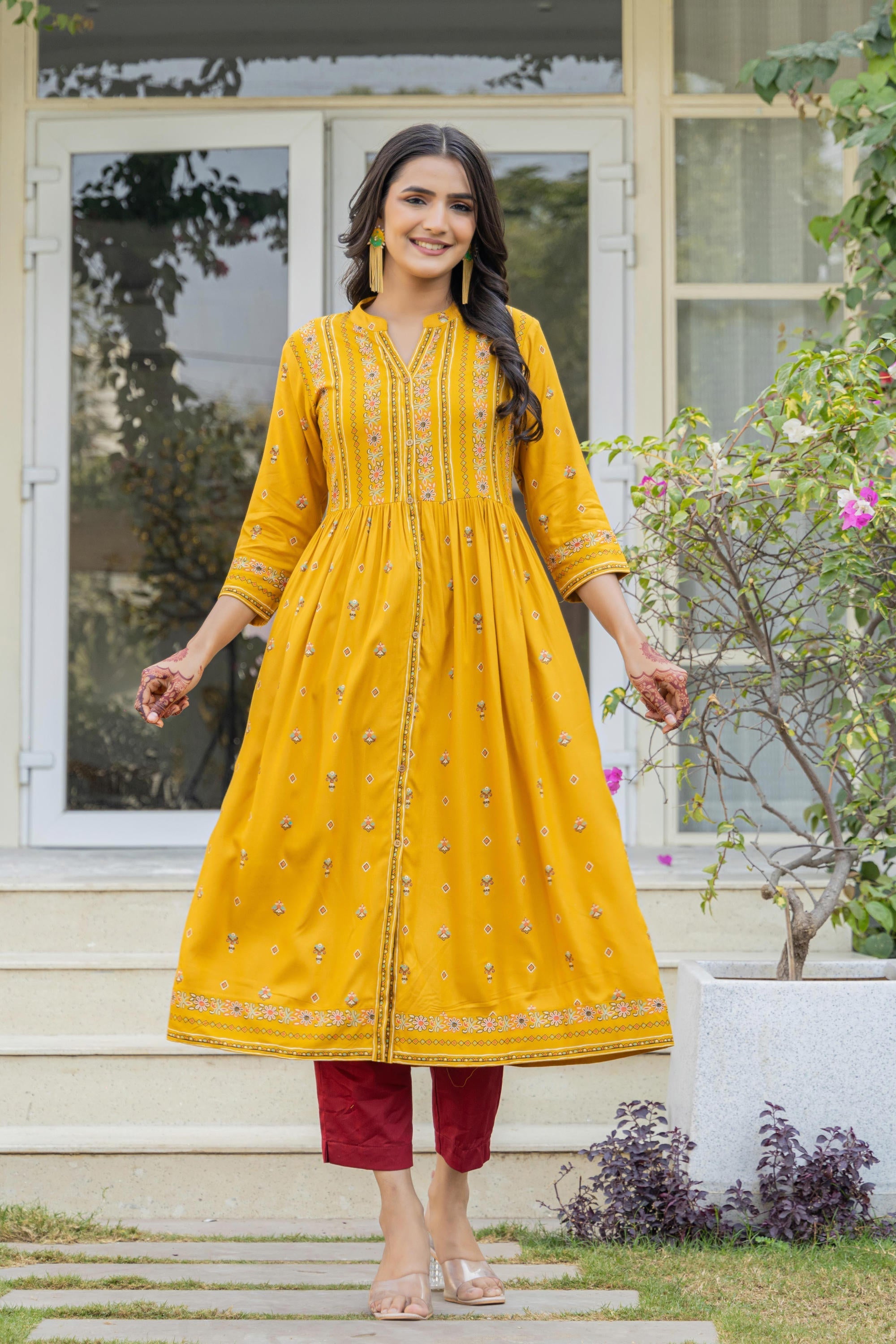Juniper Women's Mustard Floral Printed Cotton Kurta With Thread Work & Lace