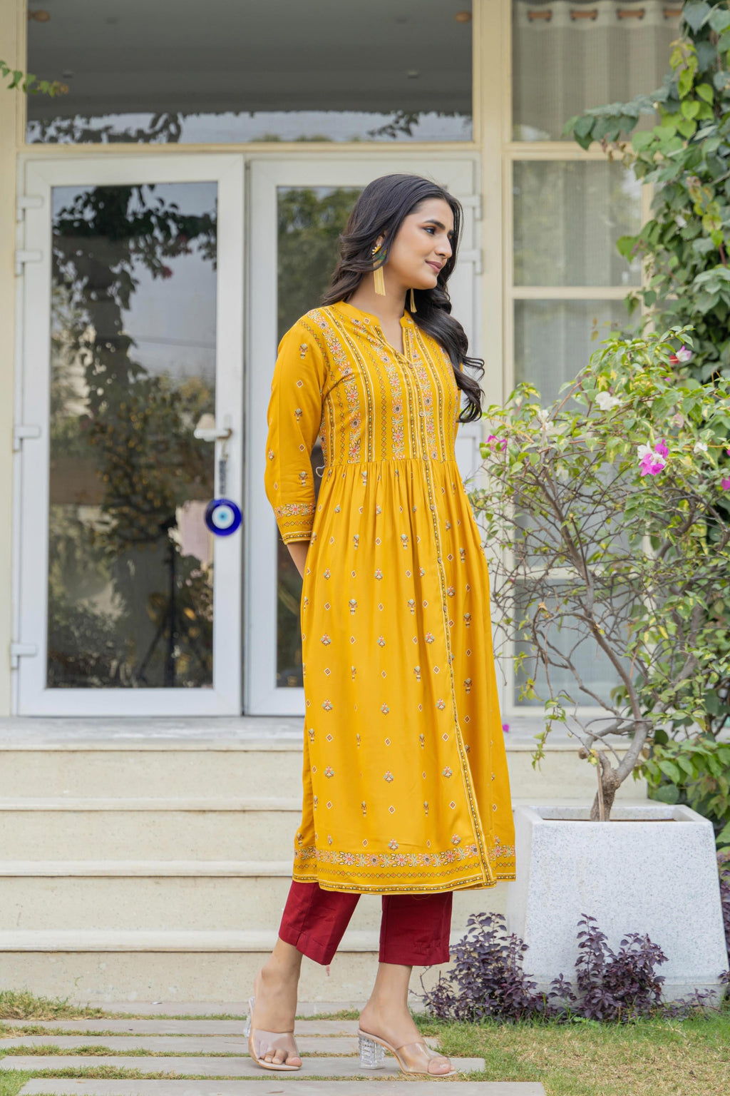 Juniper Women's Mustard Floral Printed Cotton Kurta With Thread Work & Lace