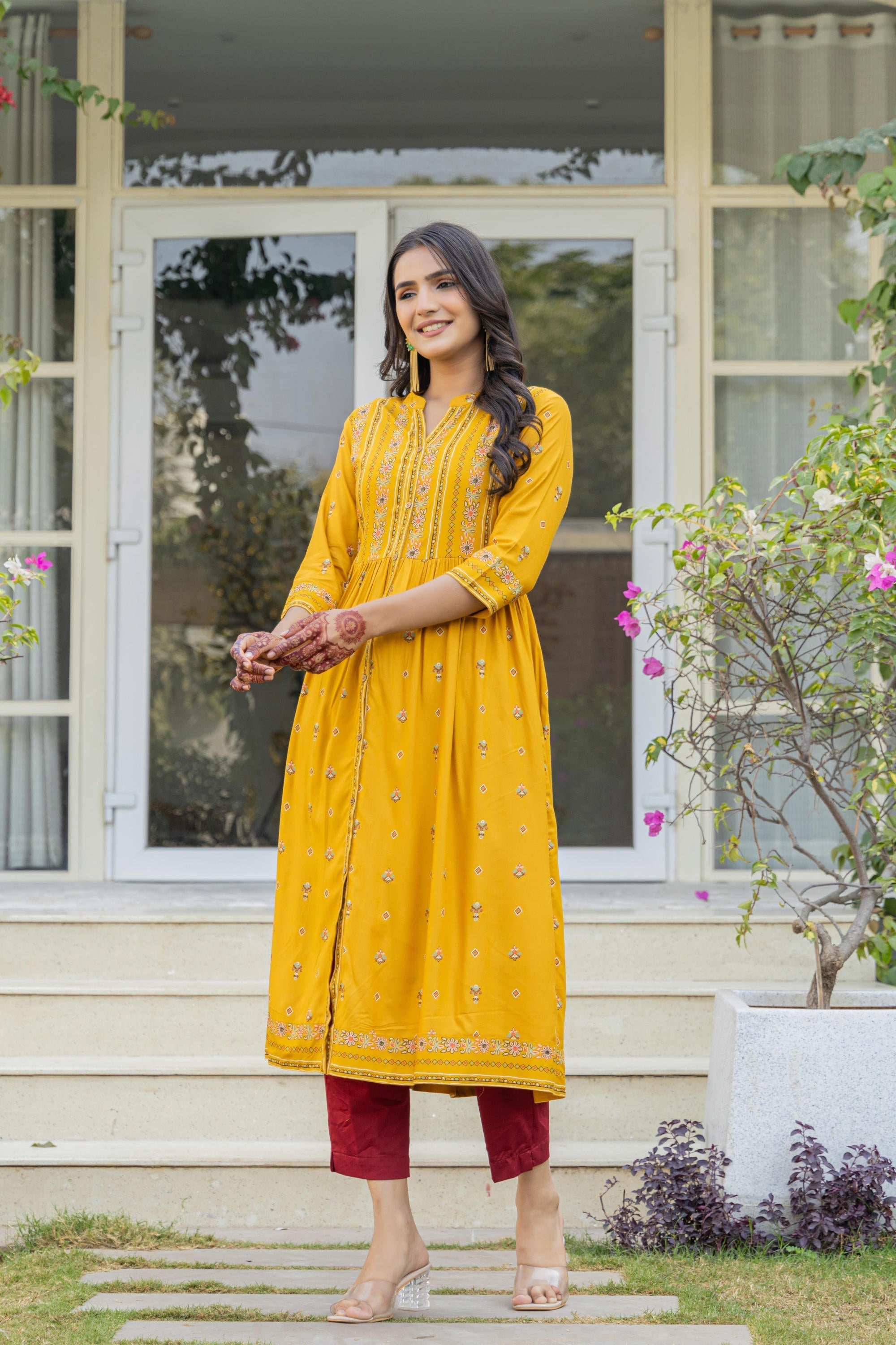 Juniper Women's Mustard Floral Printed Cotton Kurta With Thread Work & Lace