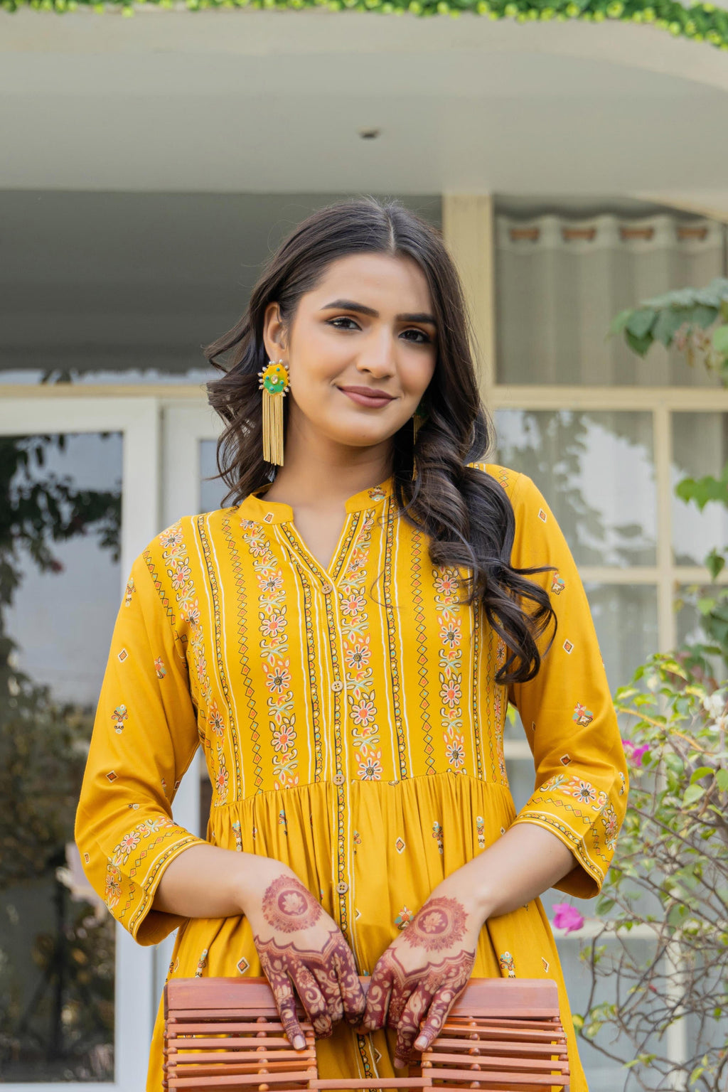 Juniper Women's Mustard Floral Printed Cotton Kurta With Thread Work & Lace