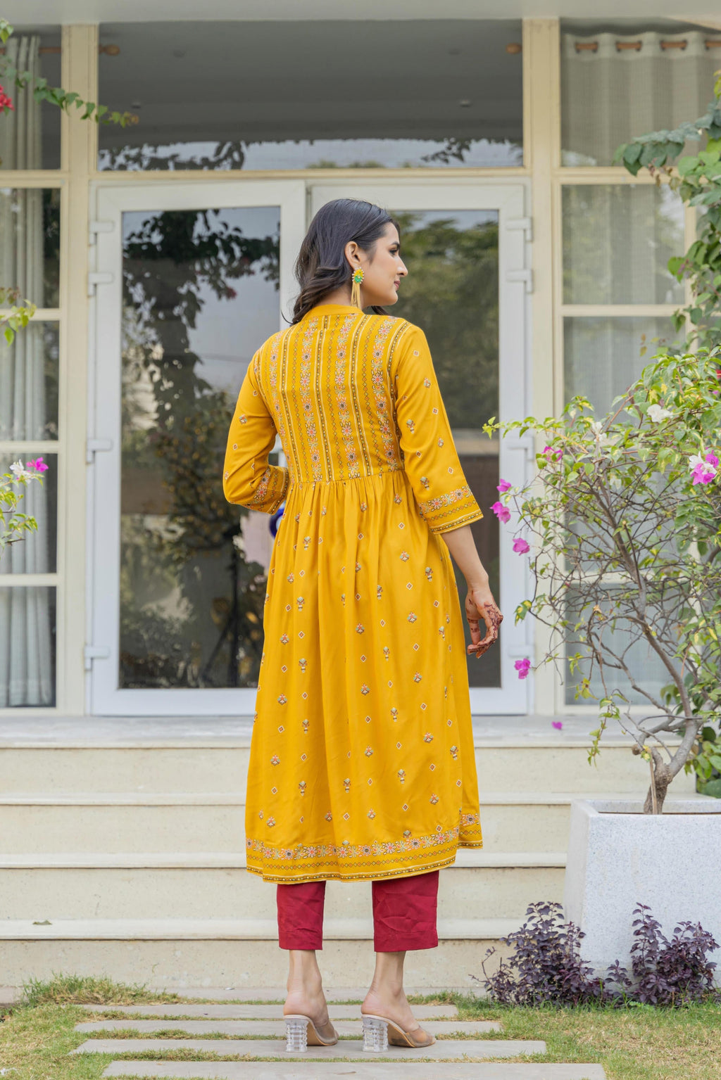 Juniper Women's Mustard Floral Printed Cotton Kurta With Thread Work & Lace