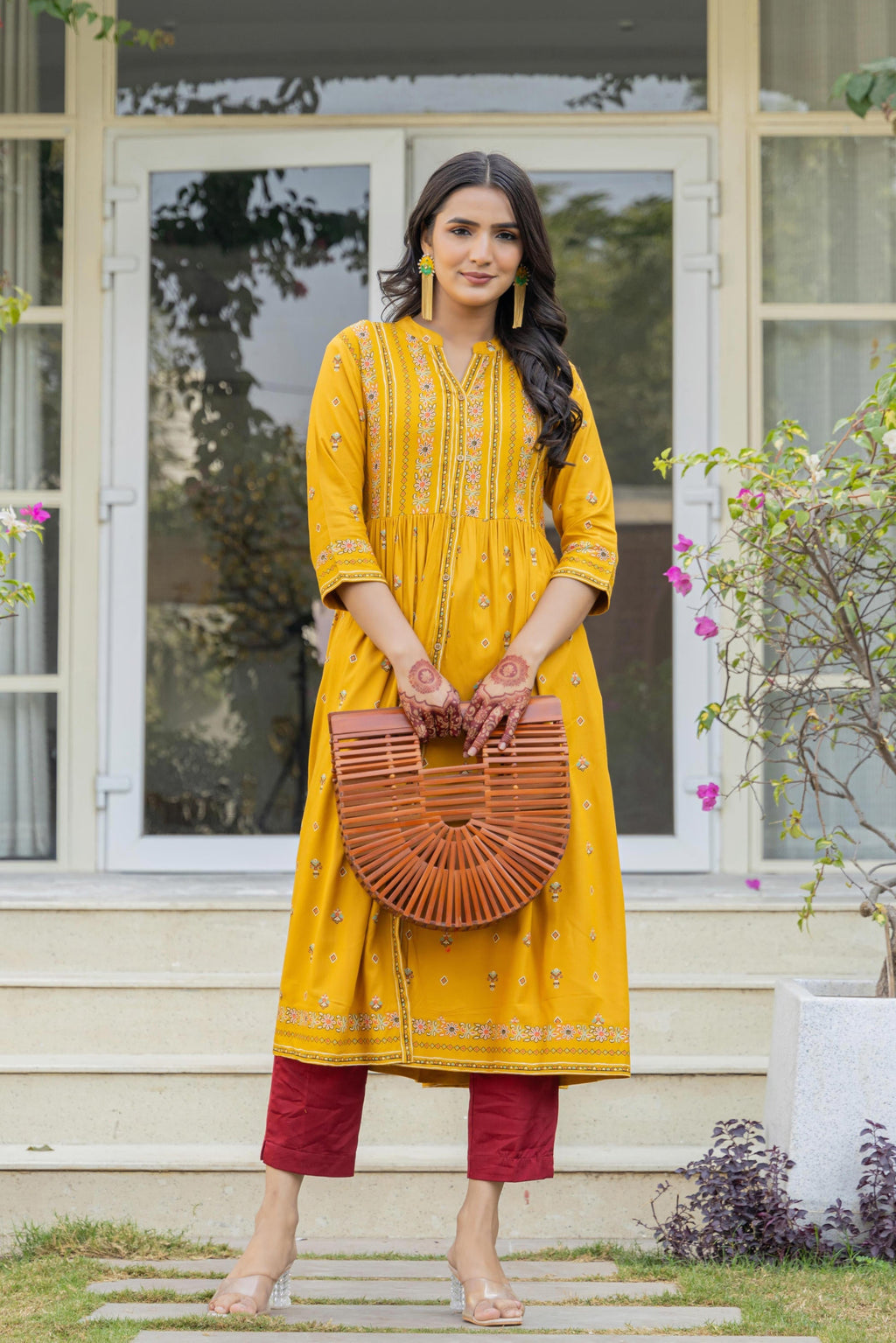 Juniper Women's Mustard Floral Printed Cotton Kurta With Thread Work & Lace